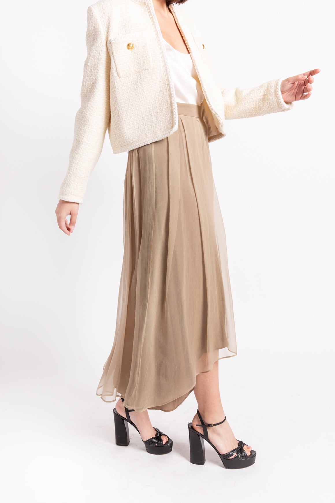 BRUNELLO CUCINELLI Tan Silk Organza Midi Skirt