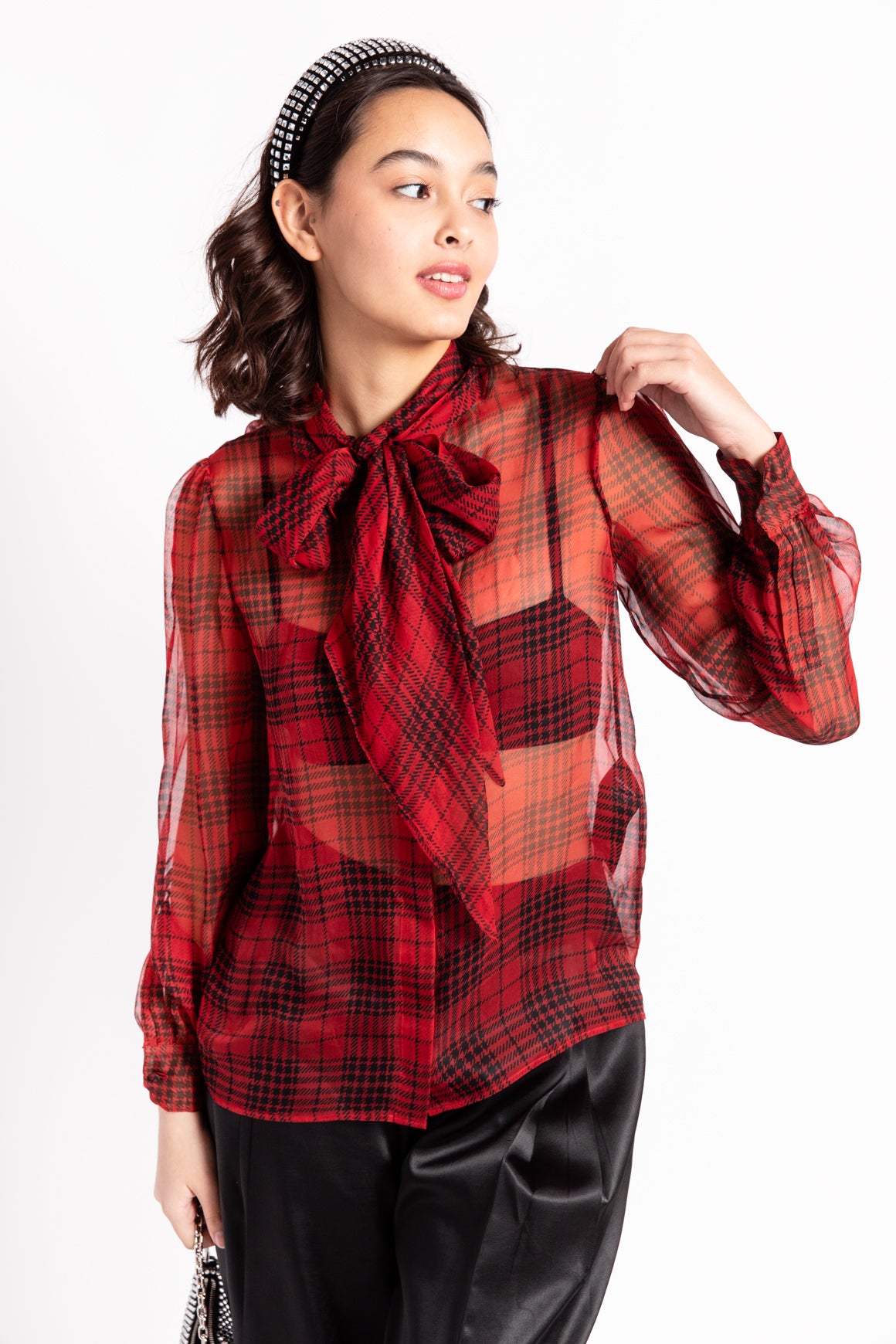 SAINT LAURENT Red Houndstooth Sheer Silk Blouse