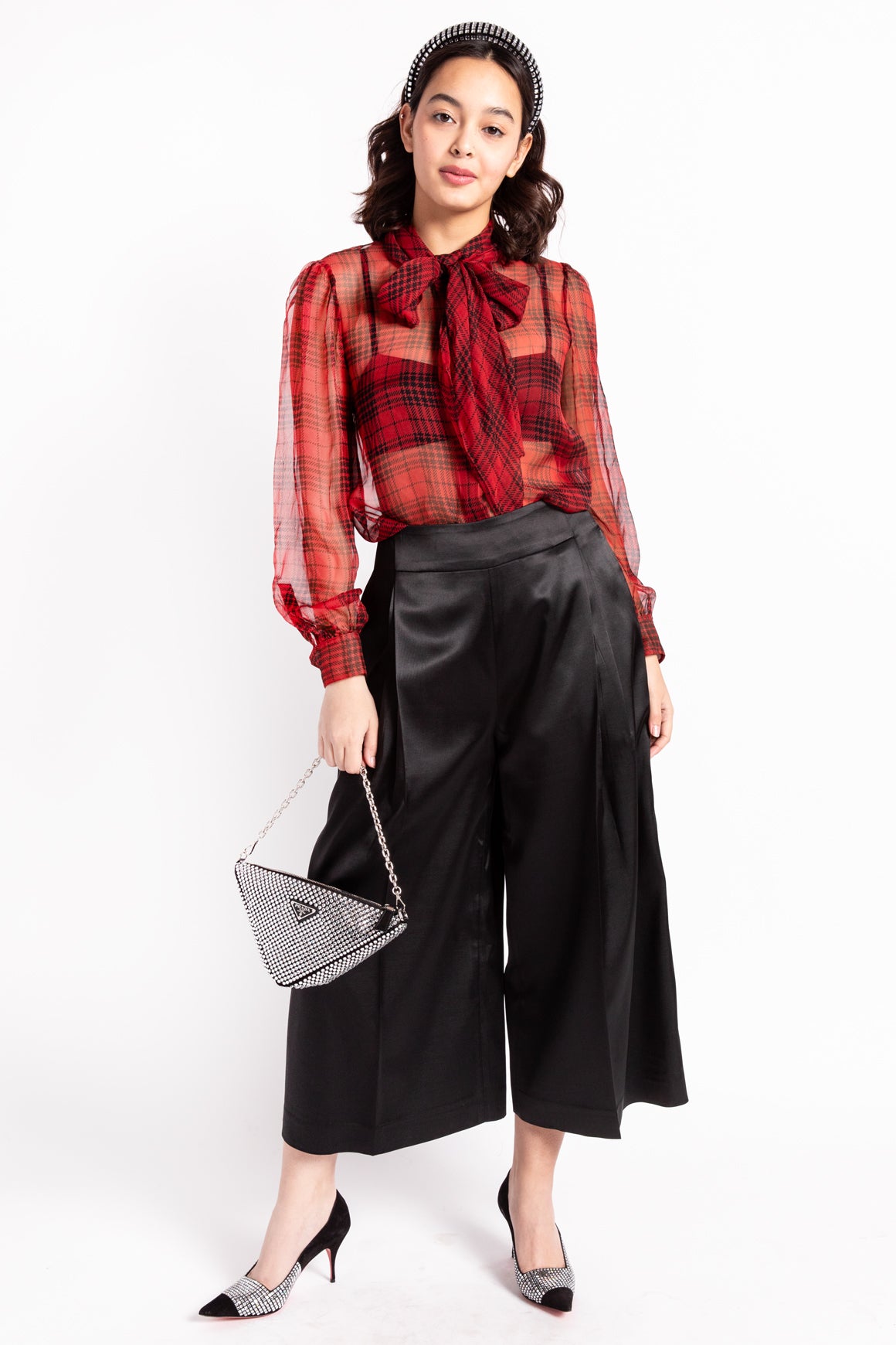 SAINT LAURENT Red Houndstooth Sheer Silk Blouse