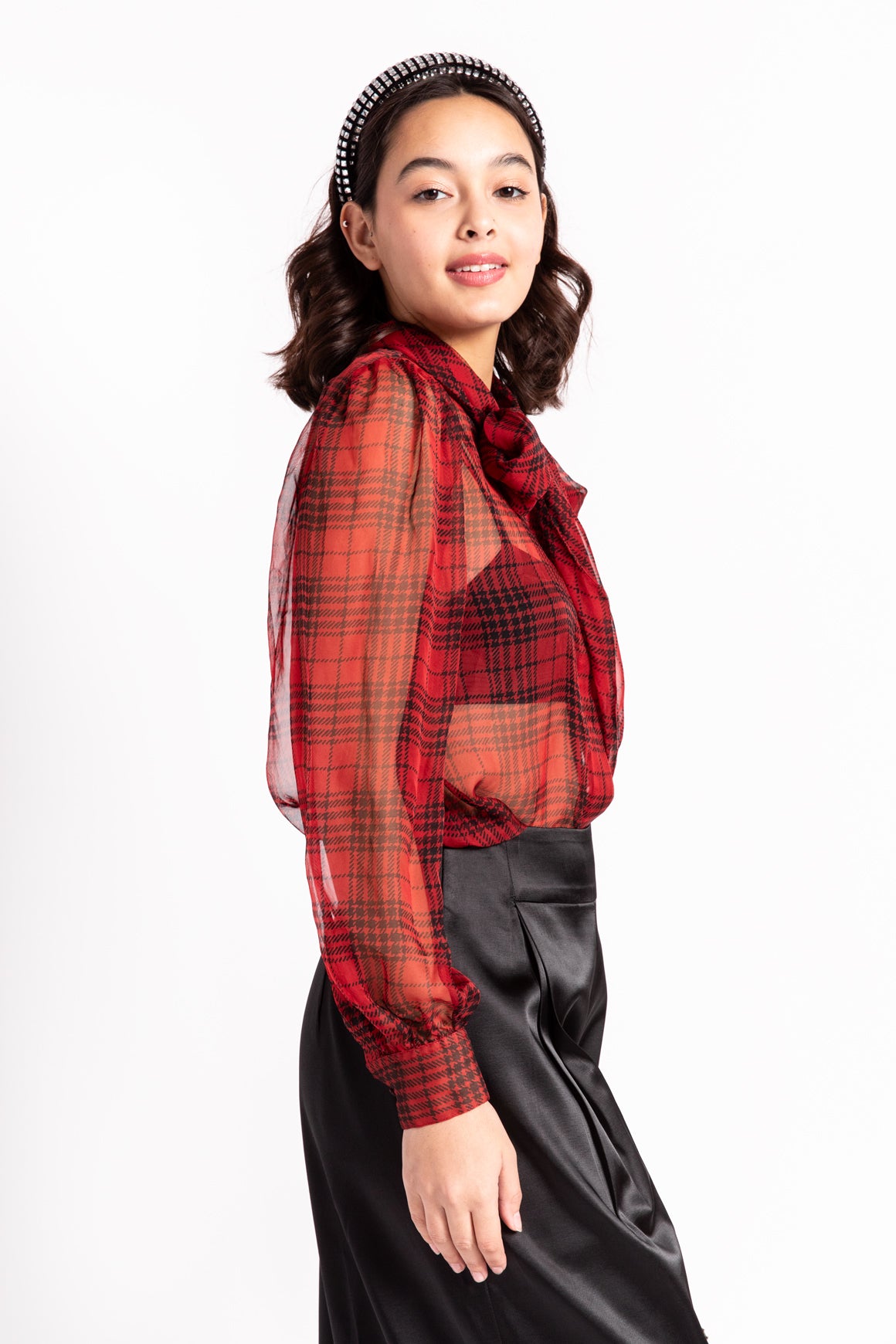 SAINT LAURENT Red Houndstooth Sheer Silk Blouse