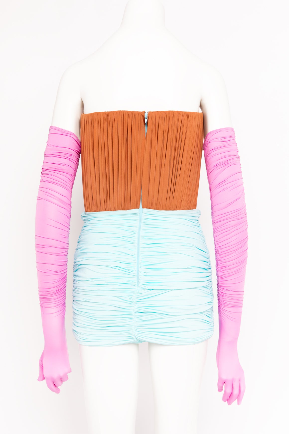 ALEX PERRY Multicolored "Stone" Gathered Mini Dress w/ Gloves (Sz. M)