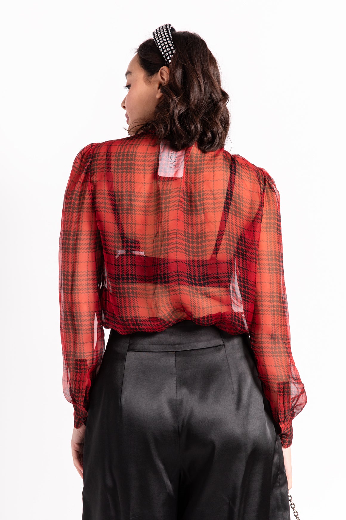 SAINT LAURENT Red Houndstooth Sheer Silk Blouse