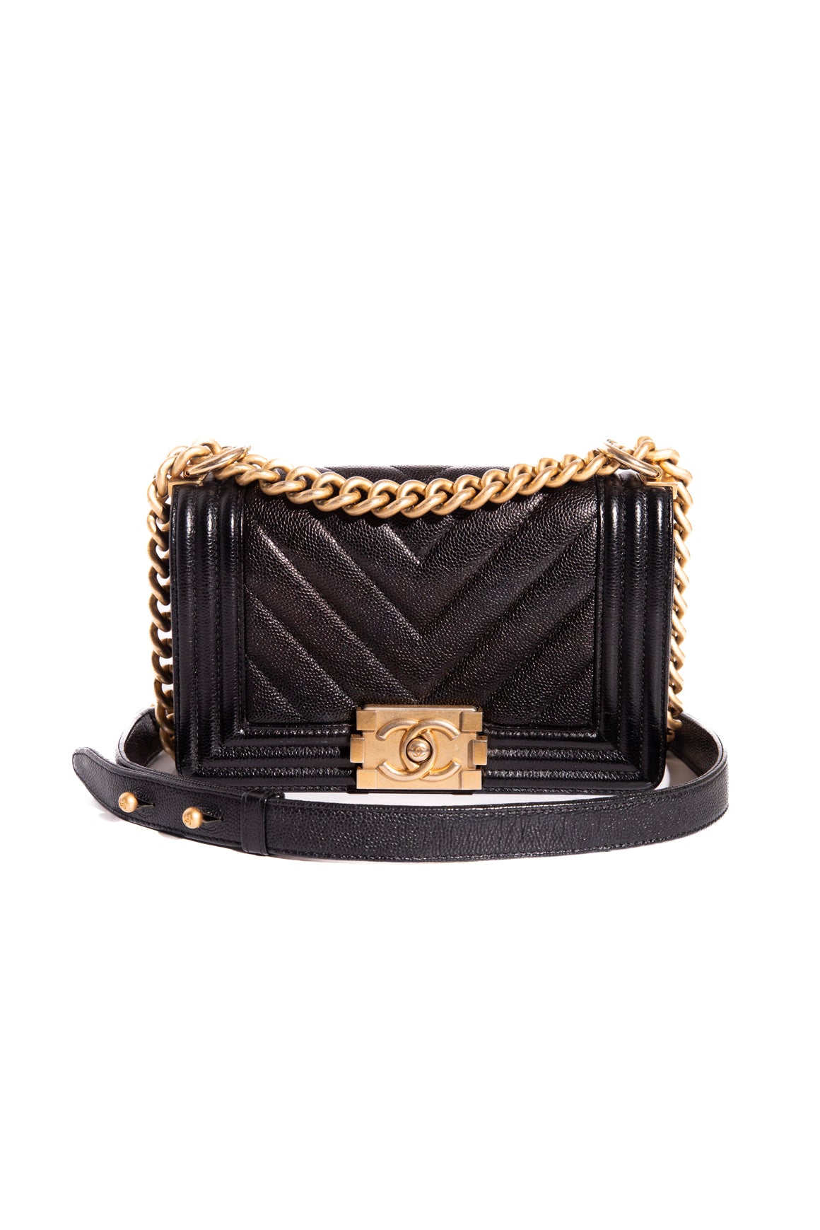 2017 CHANEL Black Chevron Caviar Small Boy Bag