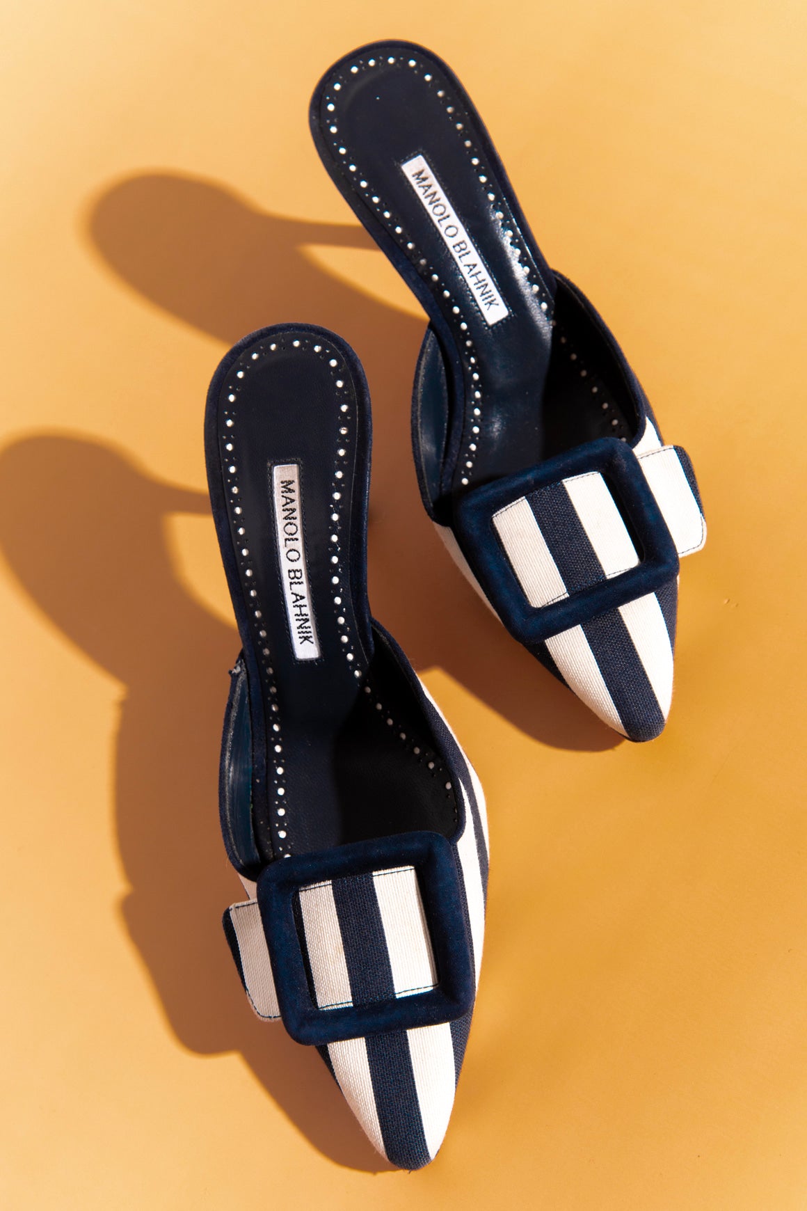 MANOLO BLAHNIK Nautical Striped Canvas Mules (Sz. 36)