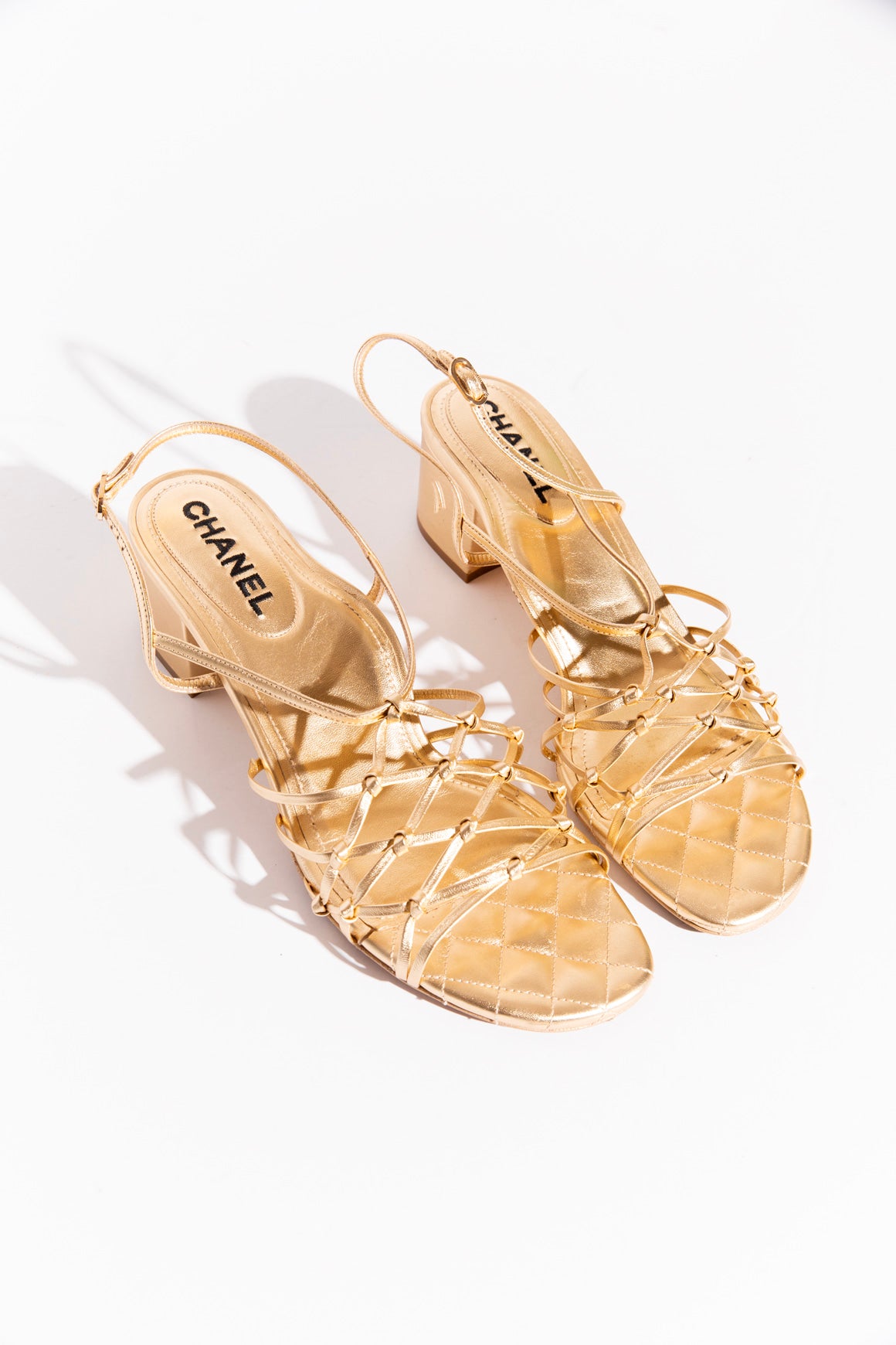 CHANEL Gold Knotted Strap Block Heel Sandals (Sz. 41)