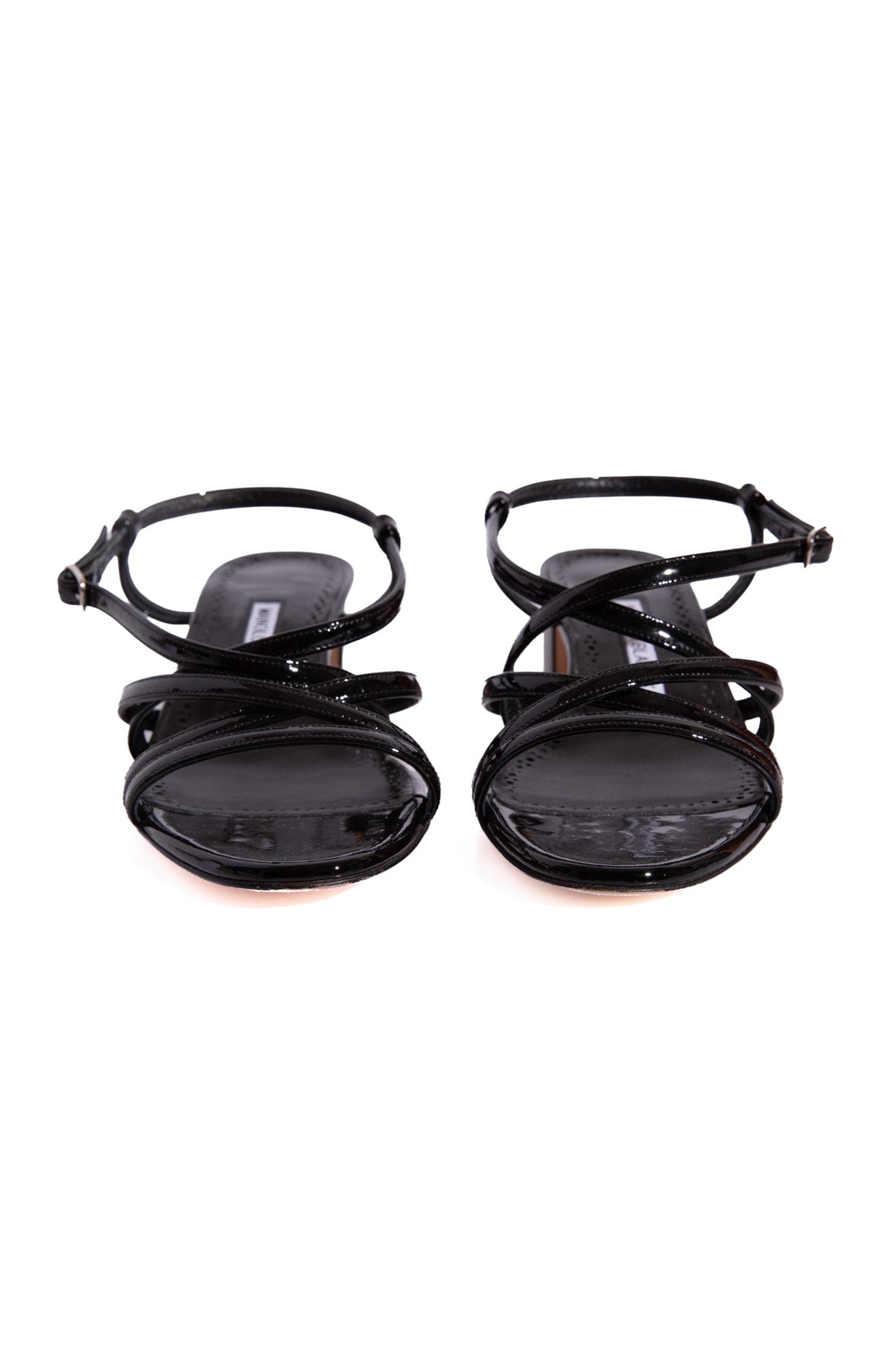 MANOLO BLAHNIK Black Patent Strappy Block Heel Sandals (Sz. 37.5)