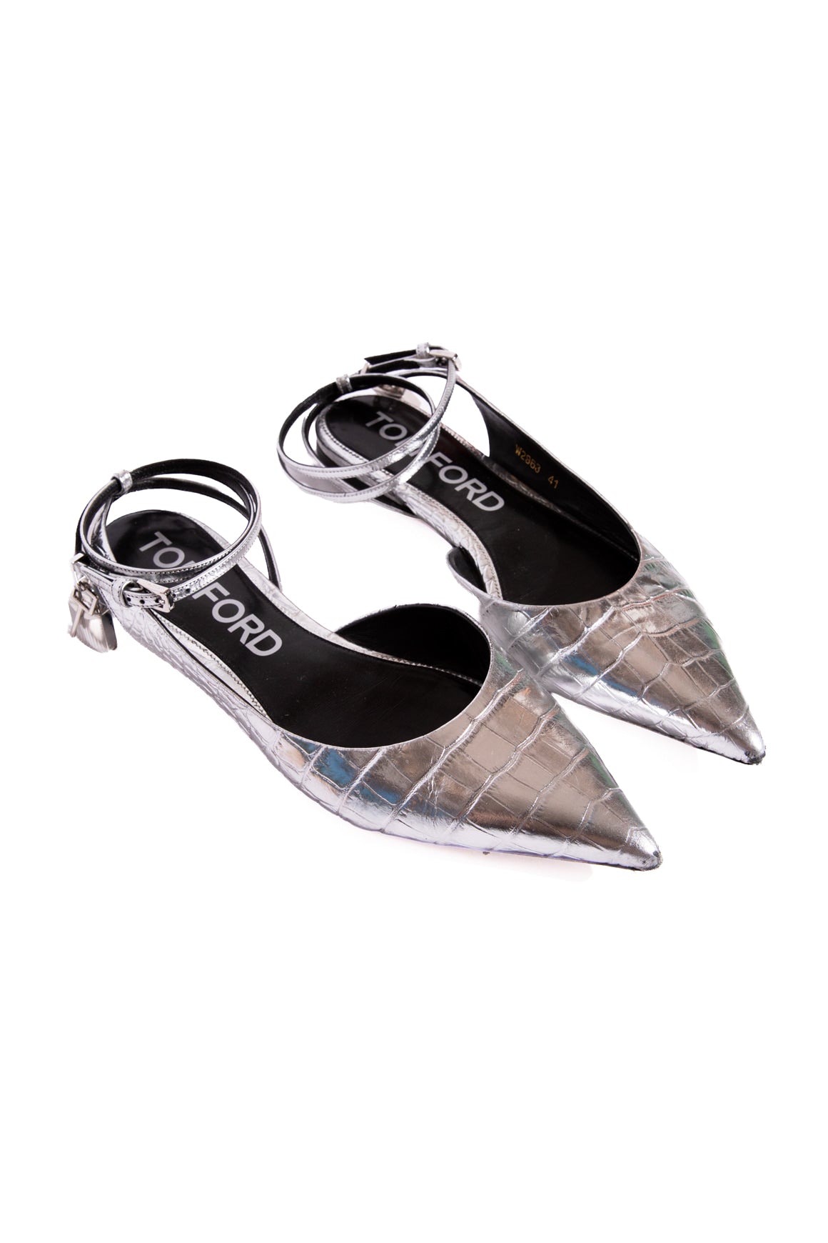 TOM FORD Silver Crocodile Ankle Lock Flats (Sz. 41)
