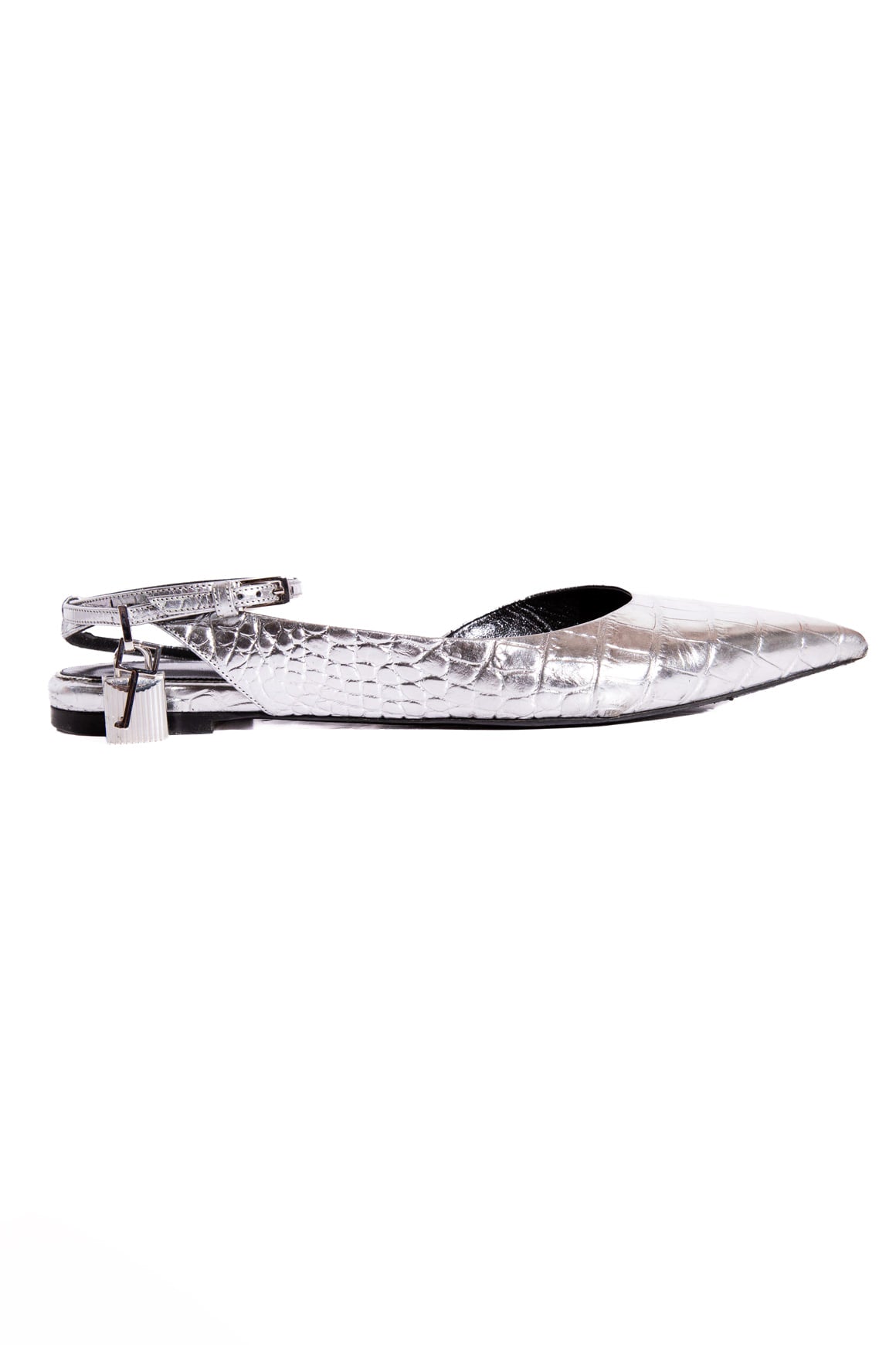 TOM FORD Silver Crocodile Ankle Lock Flats (Sz. 41)
