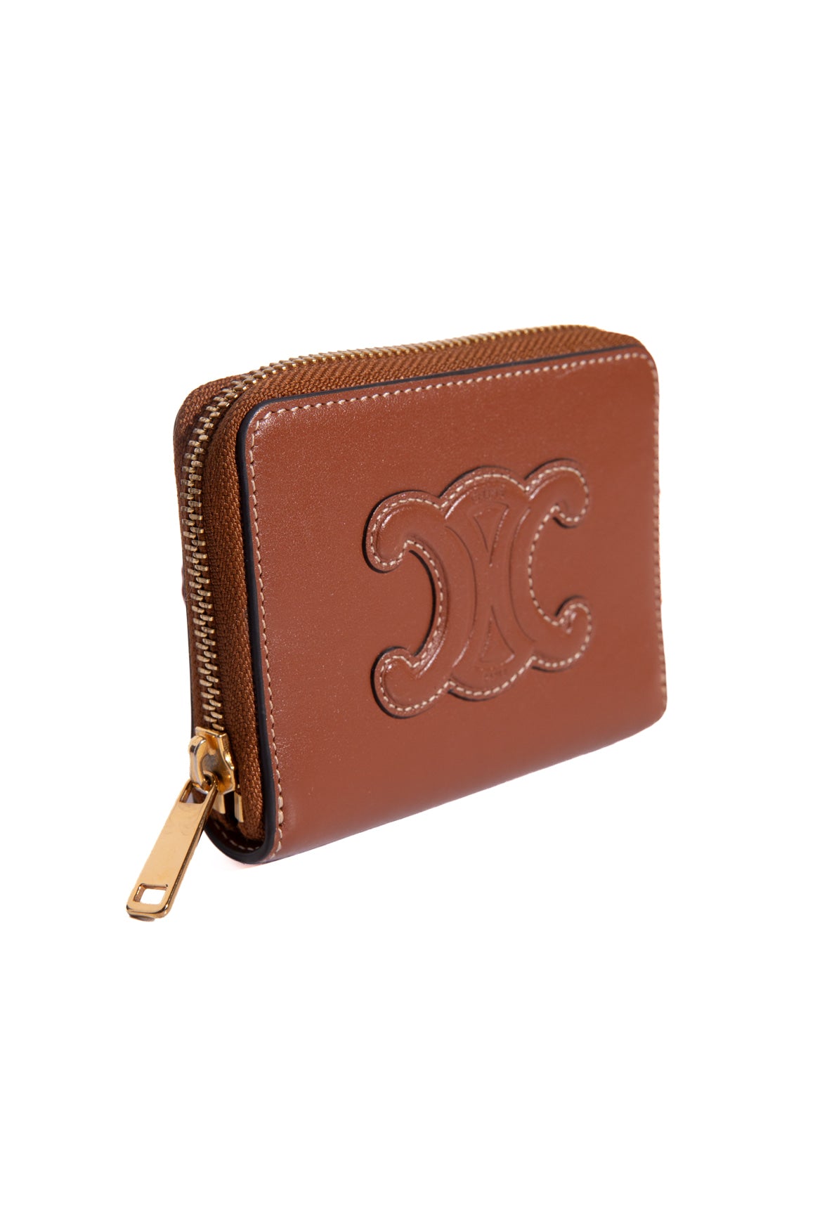 CELINE Tan Leather Triomphe Zip Around Coin Pouch