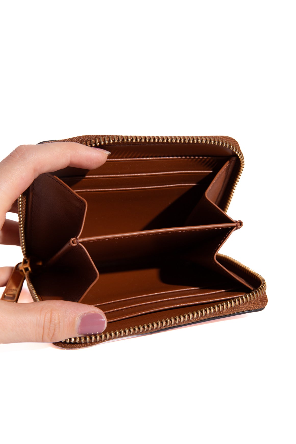 CELINE Tan Leather Triomphe Zip Around Coin Pouch
