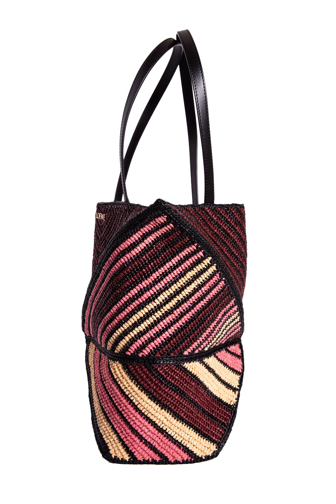 LOEWE Burgundy & Black Raffia Puzzle Fold Tote