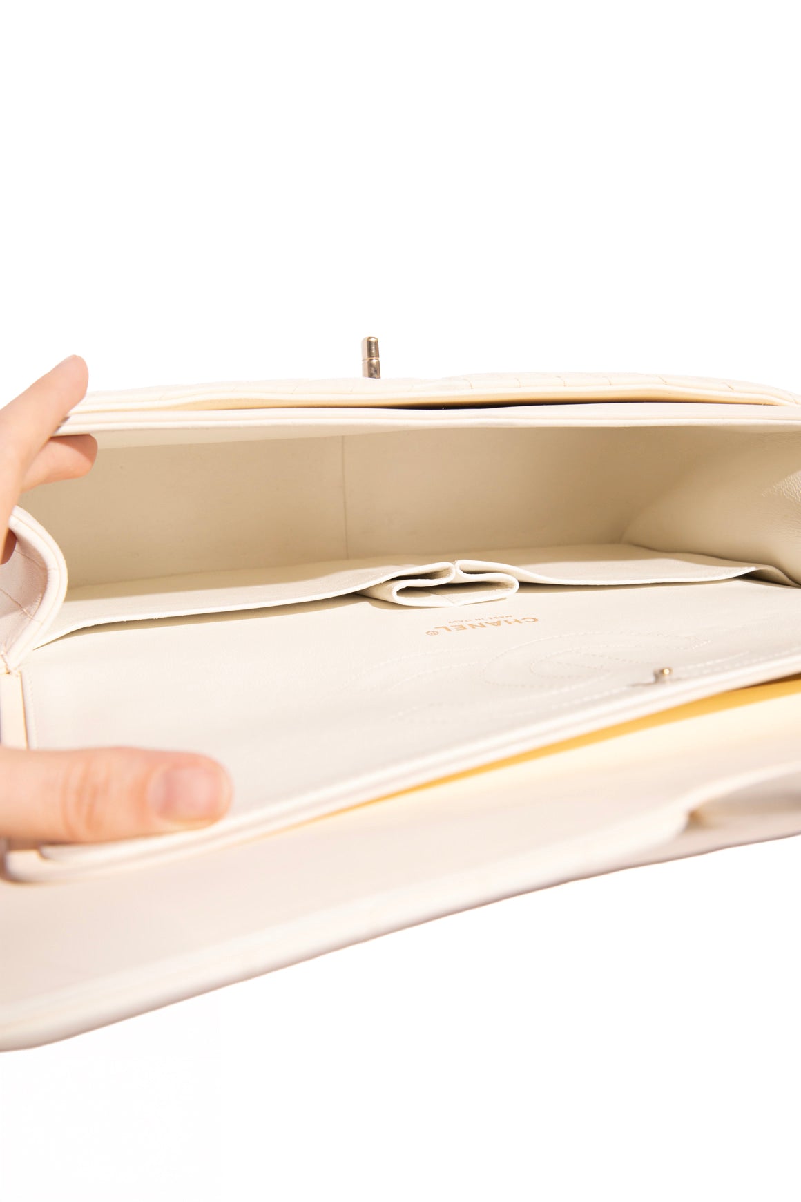 CHANEL Cream Quilted Chevron Jumbo Double Flap