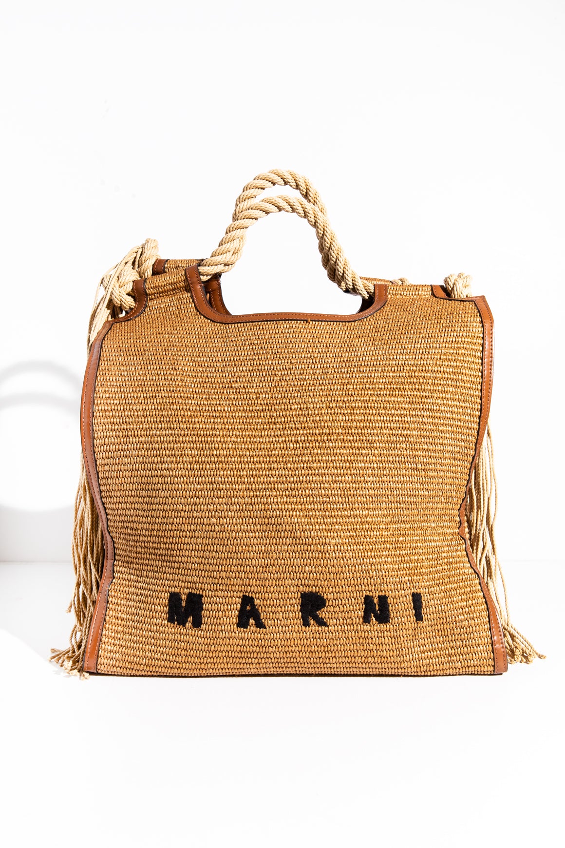 MARNI Brown Raffia Rope Fringe North South Tote