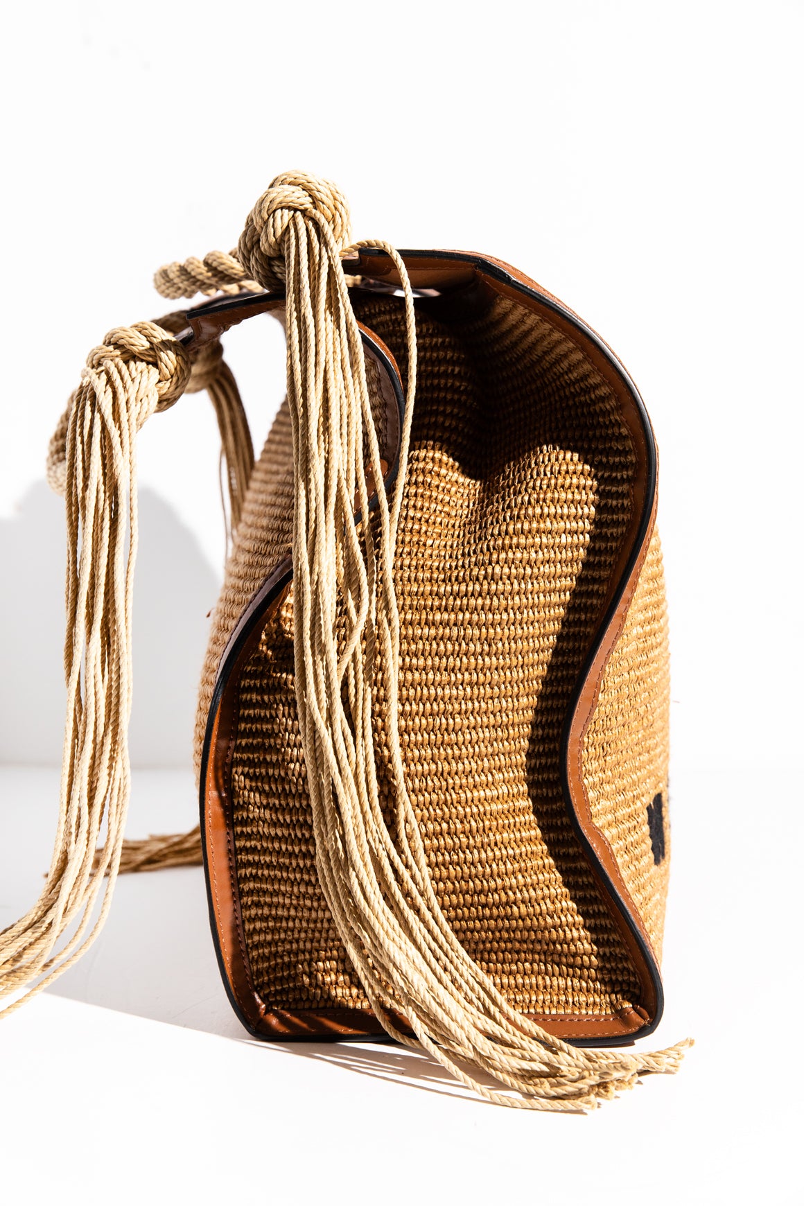 MARNI Brown Raffia Rope Fringe North South Tote