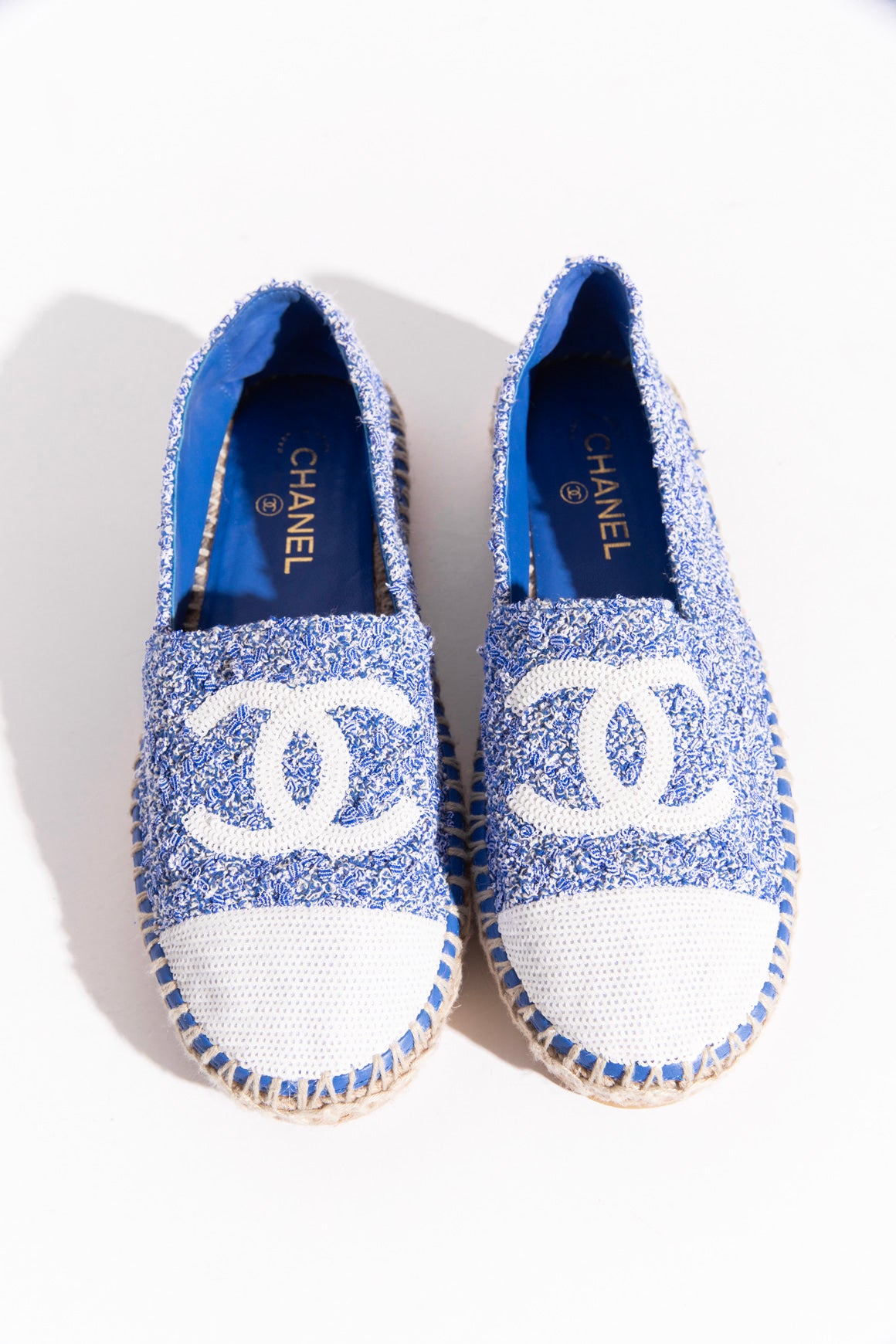 CHANEL Blue & White Sequin Detail Espadrille Loafers (Sz.40)
