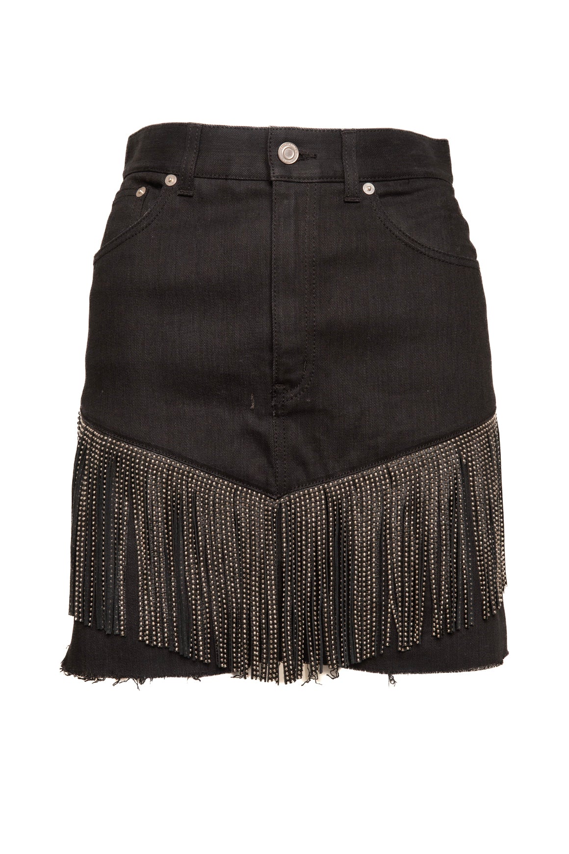 SAINT LAURENT Denim & Leather Fringe Mini Skirt (Sz. 29)