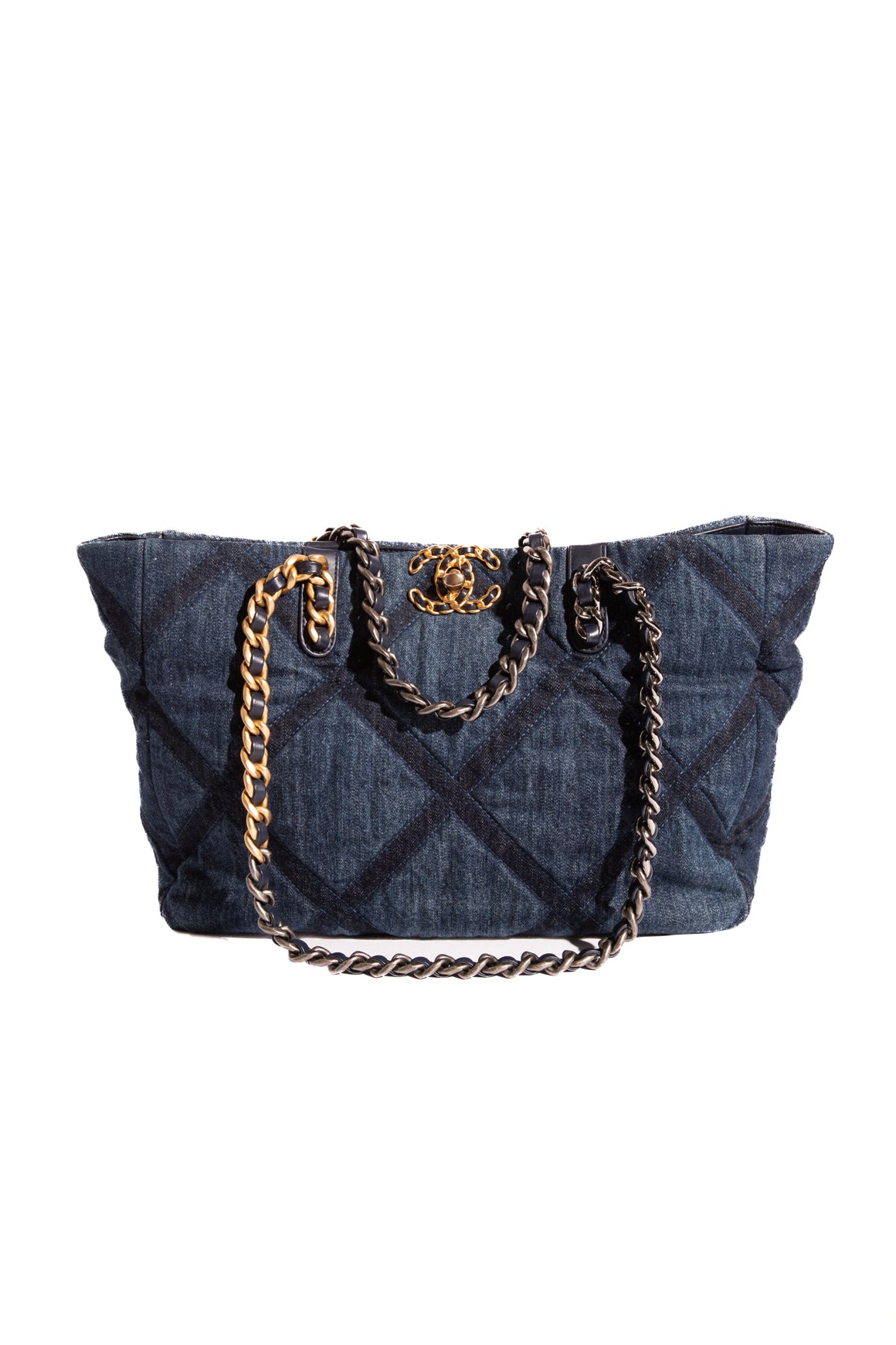 CHANEL Denim Quilted 19 "East West" Mixed Metal Shopping Bag