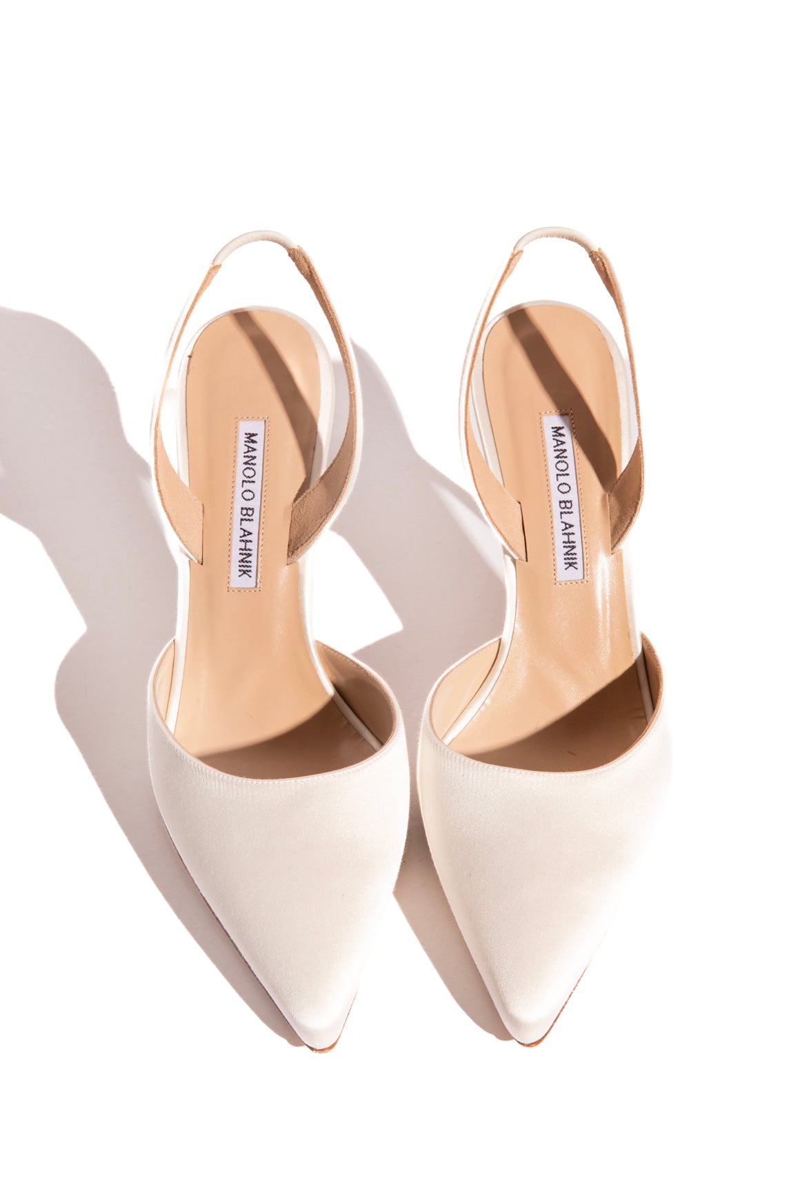 MANOLO BLAHNIK White Satin Slingback Pumps (Sz. 38.5)