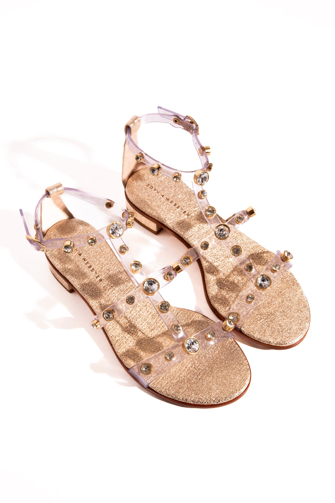 SOPHIA WEBSTER Gold PVC Strap Crystal Emb Sandals (Sz. 37.5)