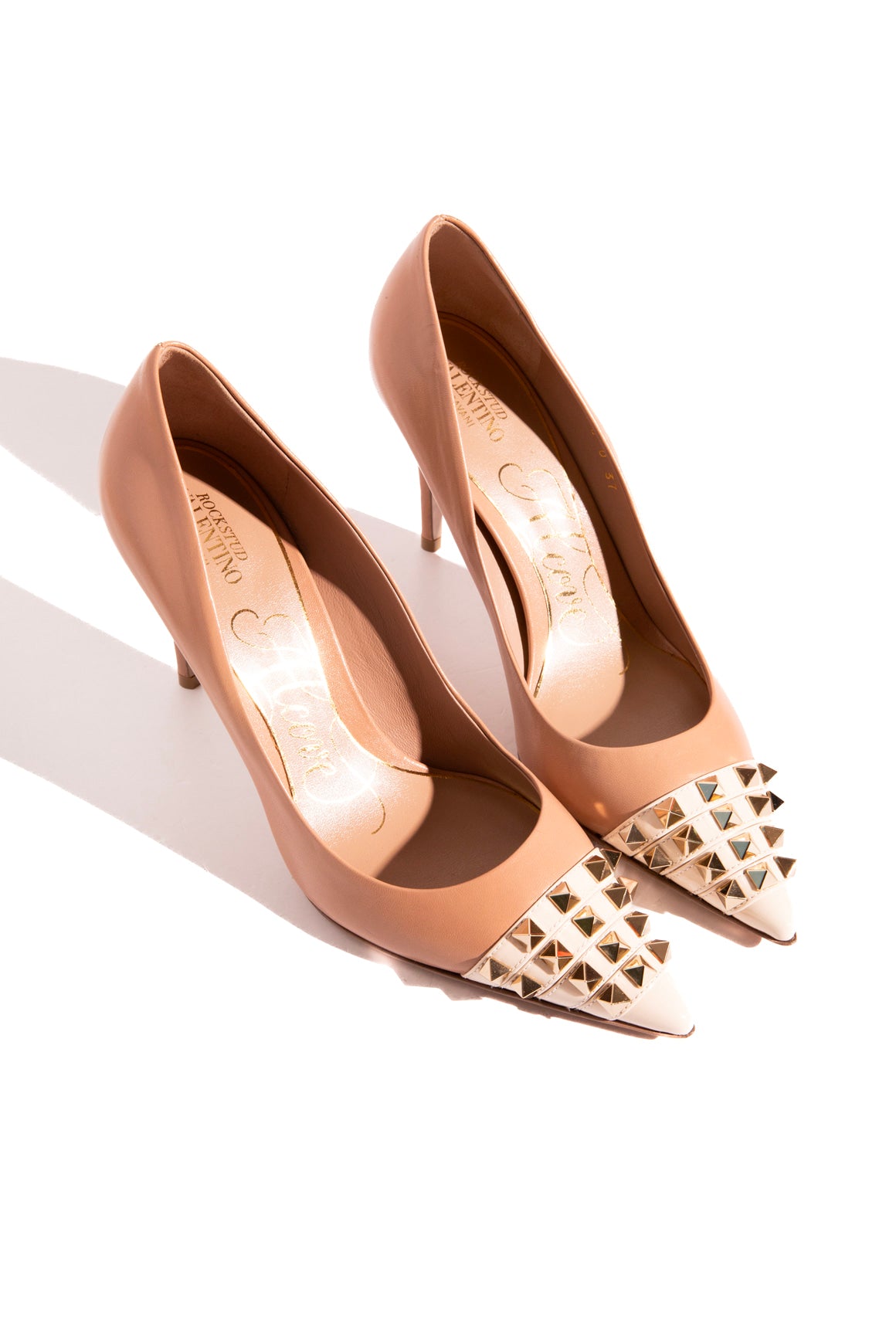 VALENTINO Rose + Cream Rockstud Toe Pumps (Sz. 37)