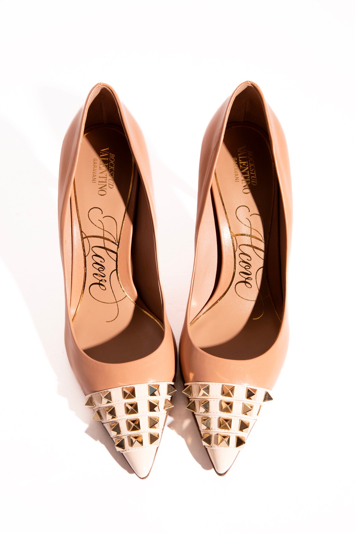 VALENTINO Rose + Cream Rockstud Toe Pumps (Sz. 37)