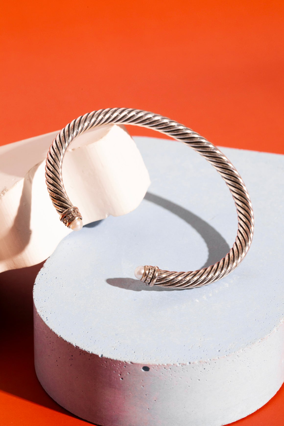 DAVID YURMAN Silver Cable Cuff With Pearl & Diamonds