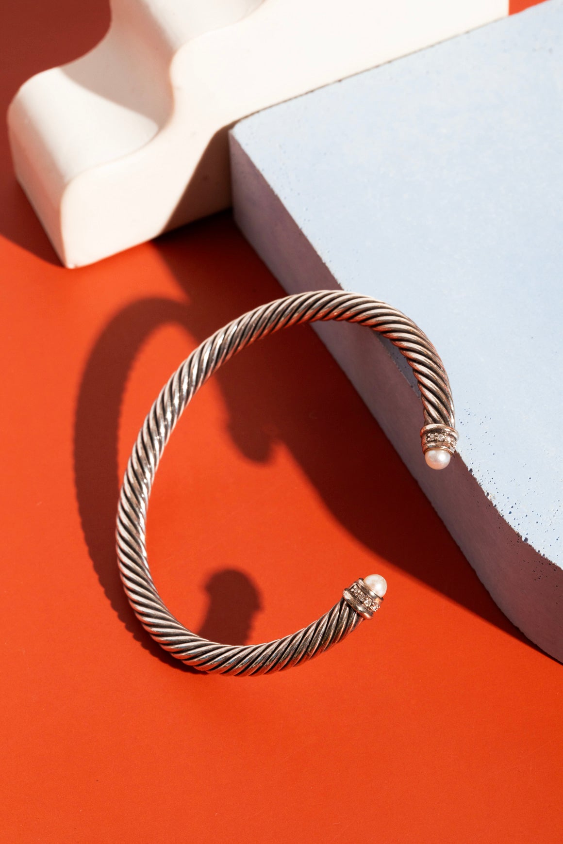 DAVID YURMAN Silver Cable Cuff With Pearl & Diamonds