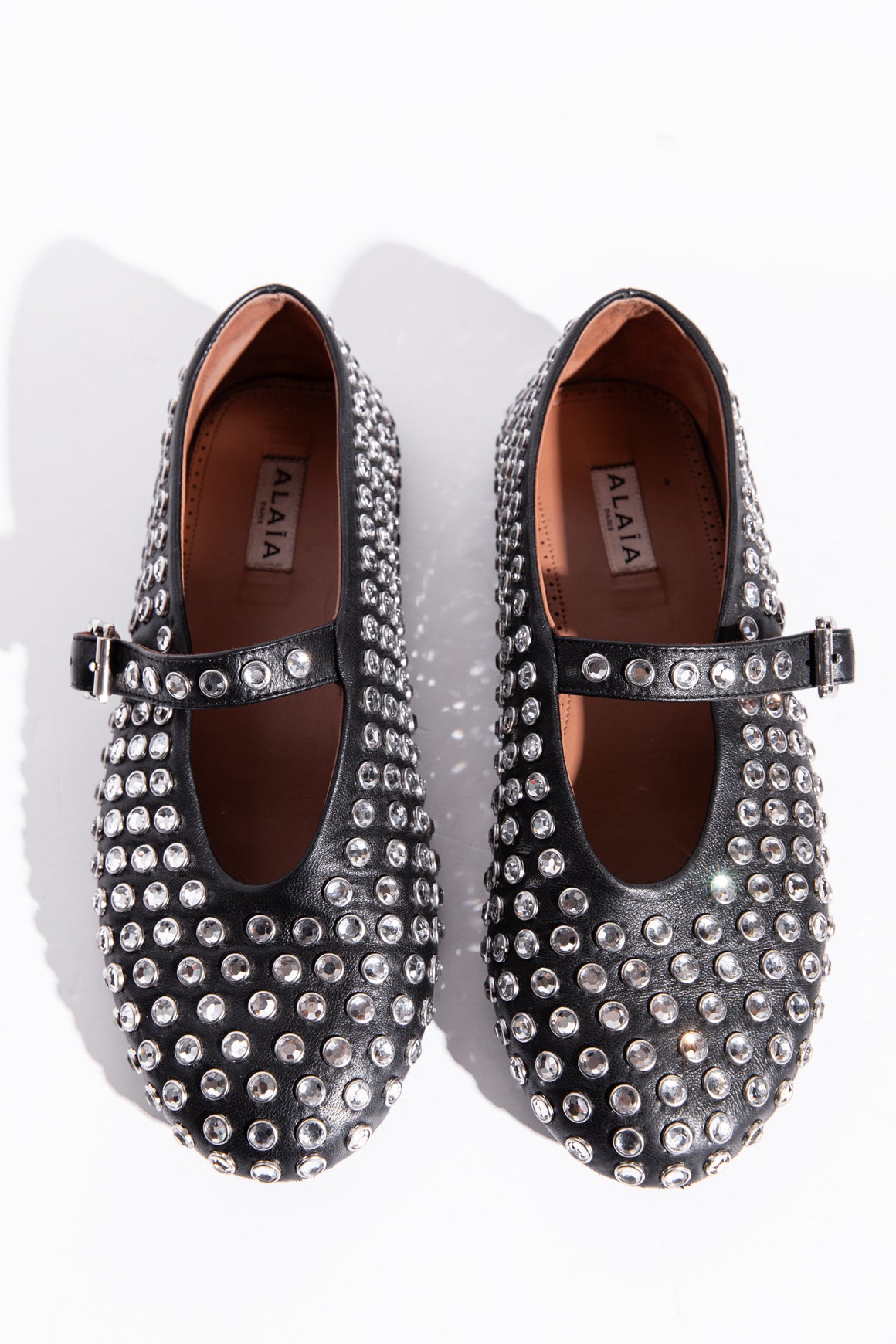 ALAIA Black Leather Crystal-Embellished Ballet Flats (Sz. 38)