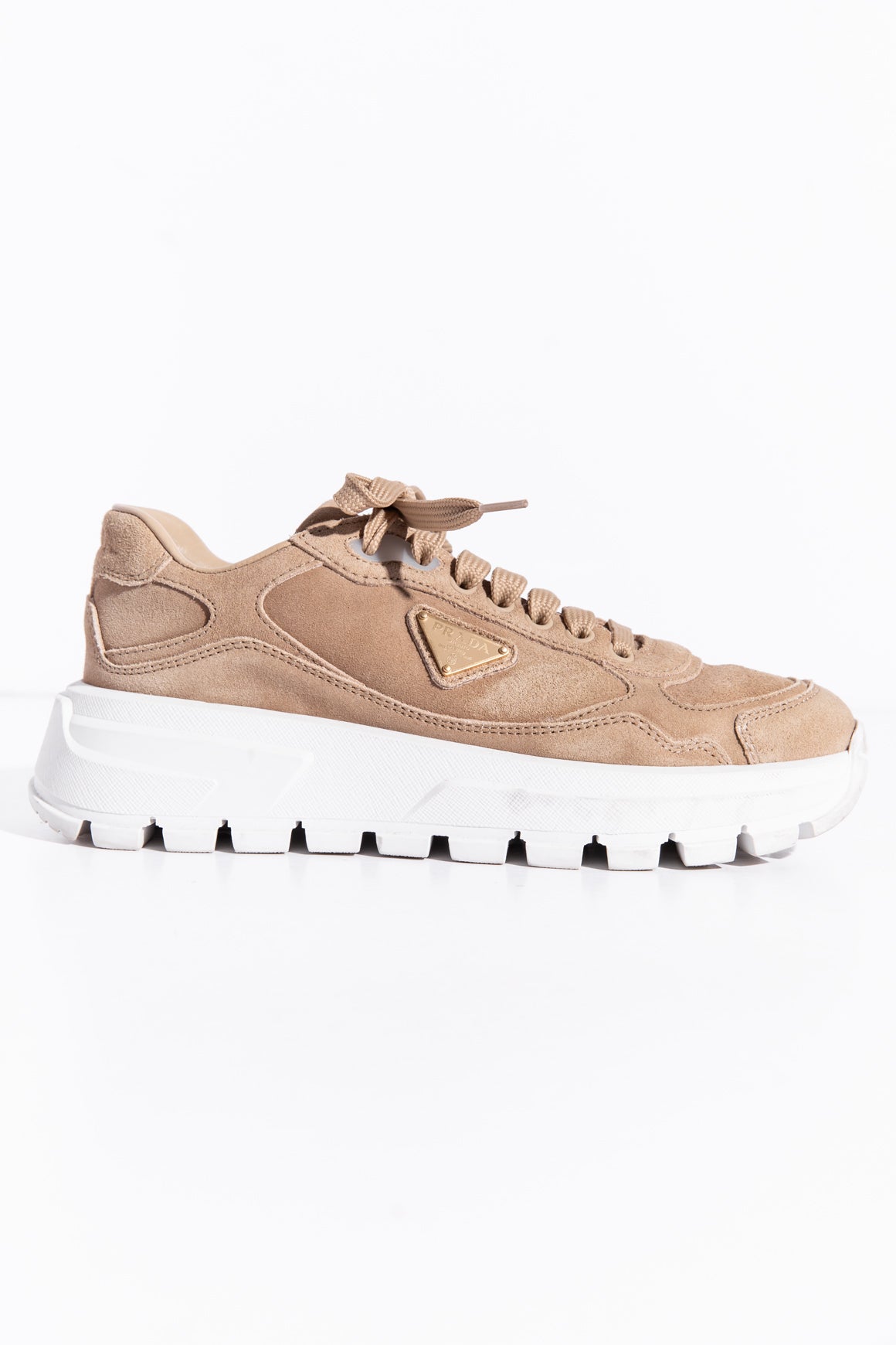 PRADA Beige Suede Logo Runner Sneakers (Sz. 38.5)