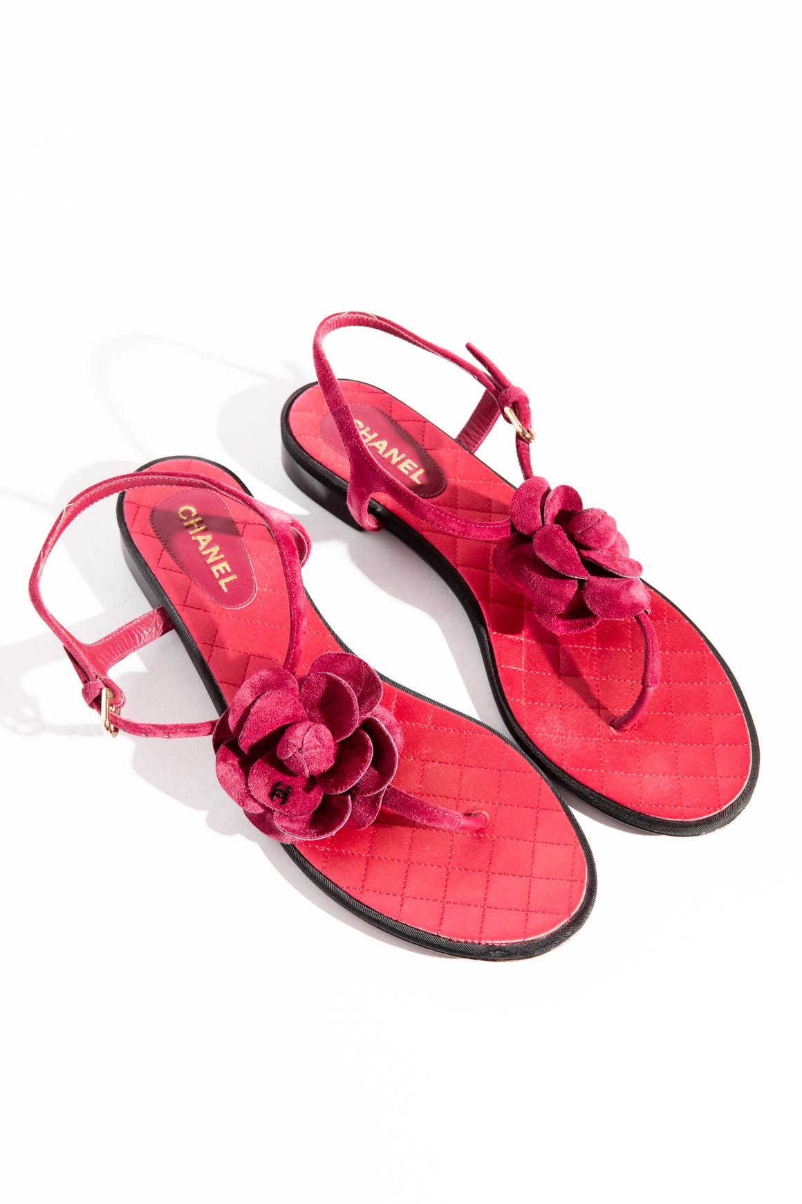 CHANEL Red Suede Floral Applique Sandals  (Sz 40.5)