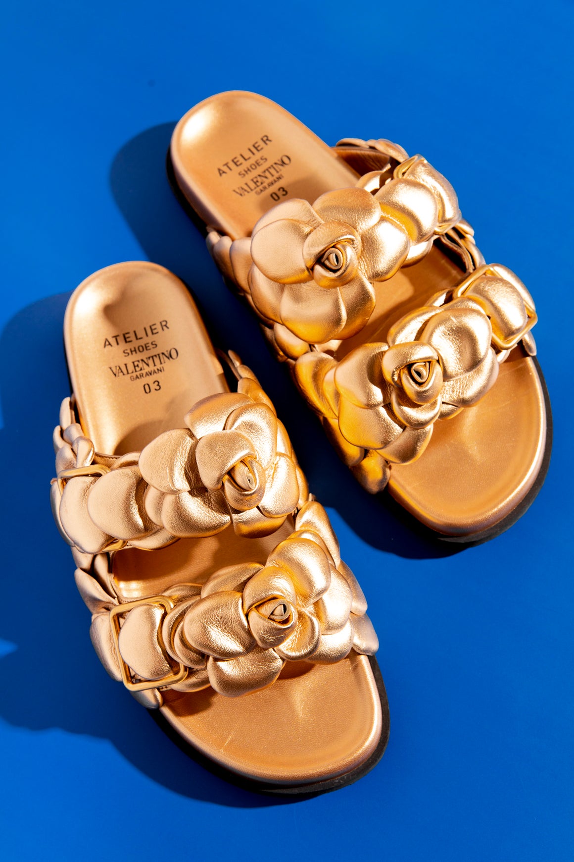 VALENTINO Gold Leather Floral Applique Sandals (Sz 39.5)