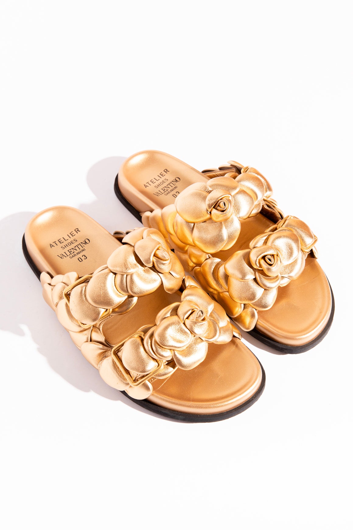 VALENTINO Gold Leather Floral Applique Sandals (Sz 39.5)