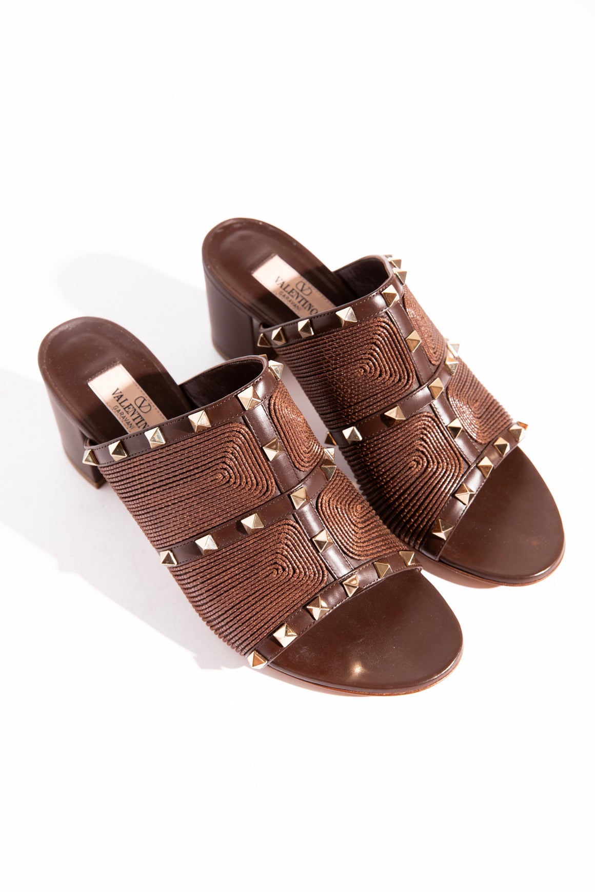VALENTINO Brown Embroidered Rock-stud Block Heel Mules (Sz. 39.5)