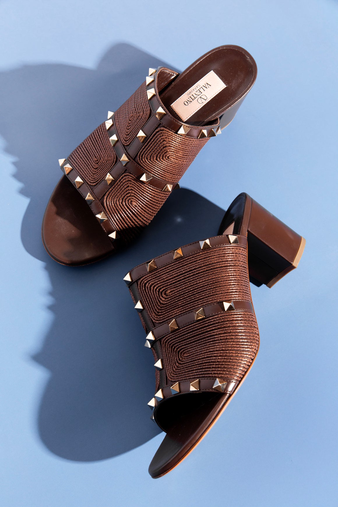 VALENTINO Brown Embroidered Rock-stud Block Heel Mules (Sz. 39.5)
