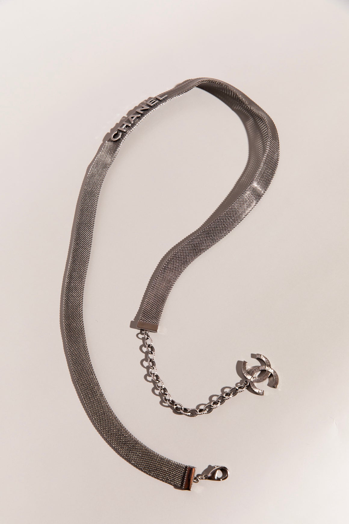 CHANEL Gunmetal Chainmail Logo Belt