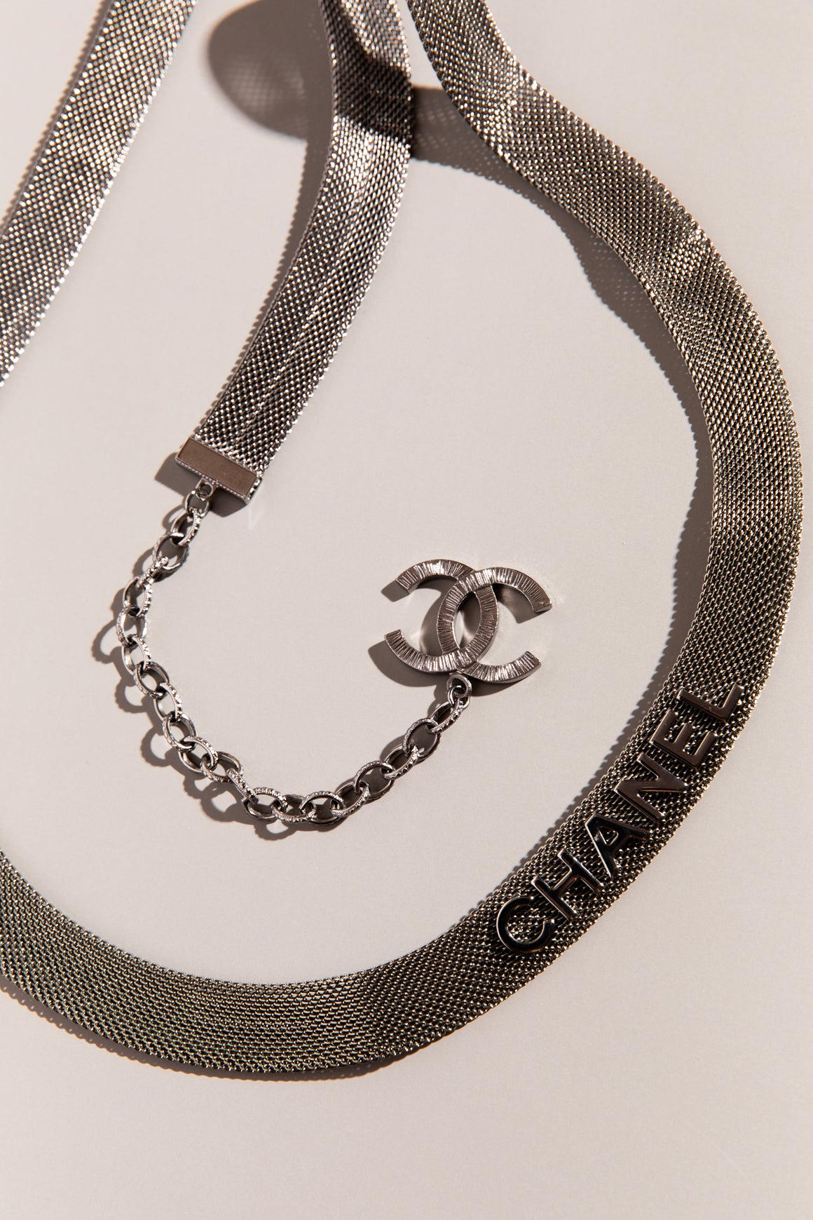 CHANEL Gunmetal Chainmail Logo Belt