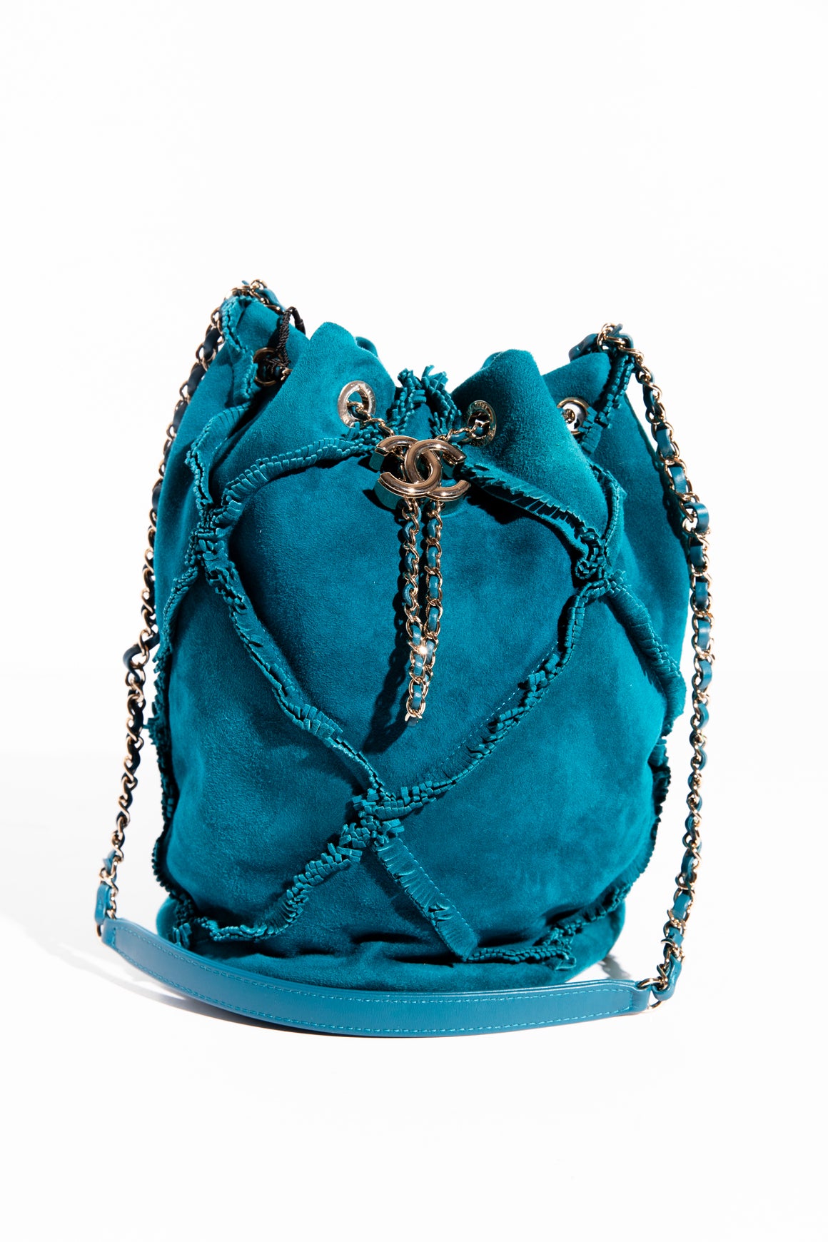 CHANEL 2020 Teal Suede Bucket Bag