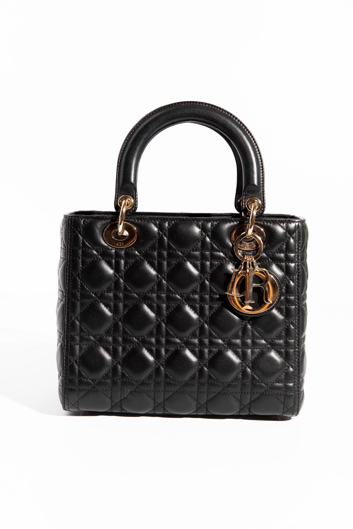 CHRISTIAN DIOR Black & Gold Lady Dior Bag - Medium
