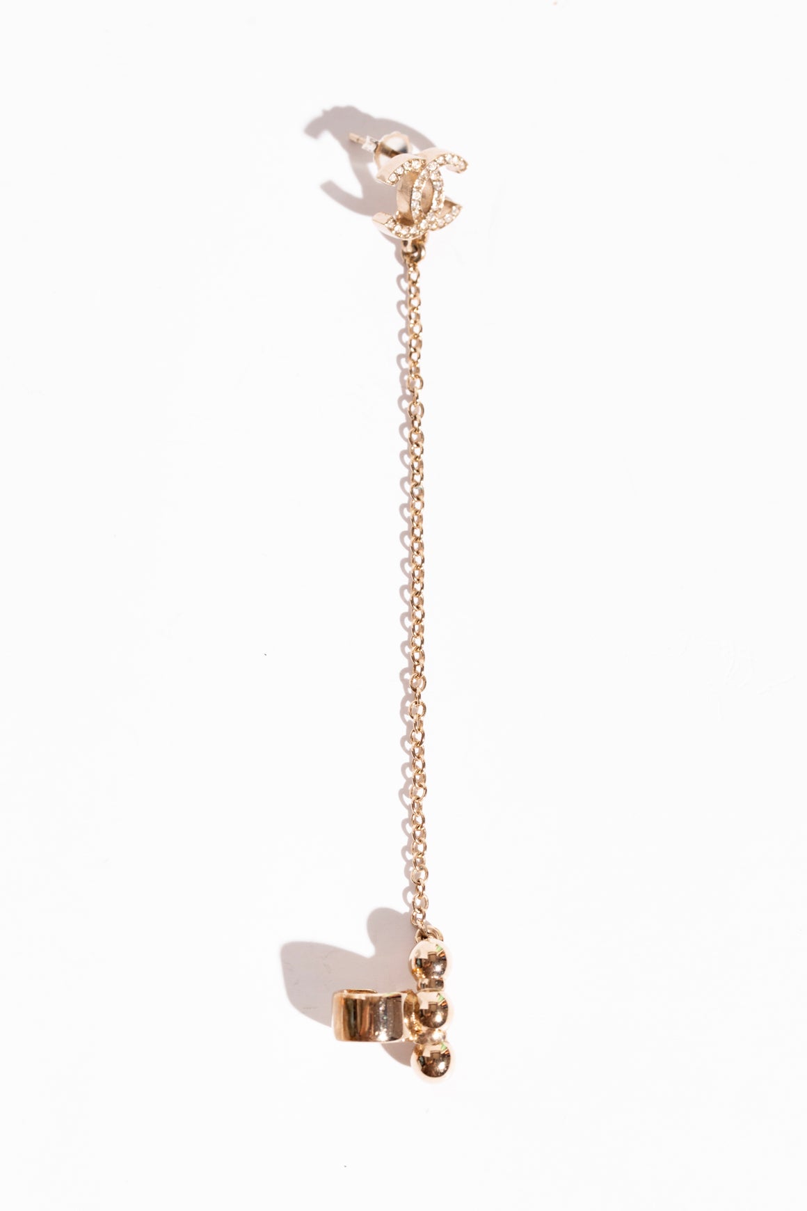 CHANEL Gold Crystal CC & Gold Chain Asymmetric Earrings