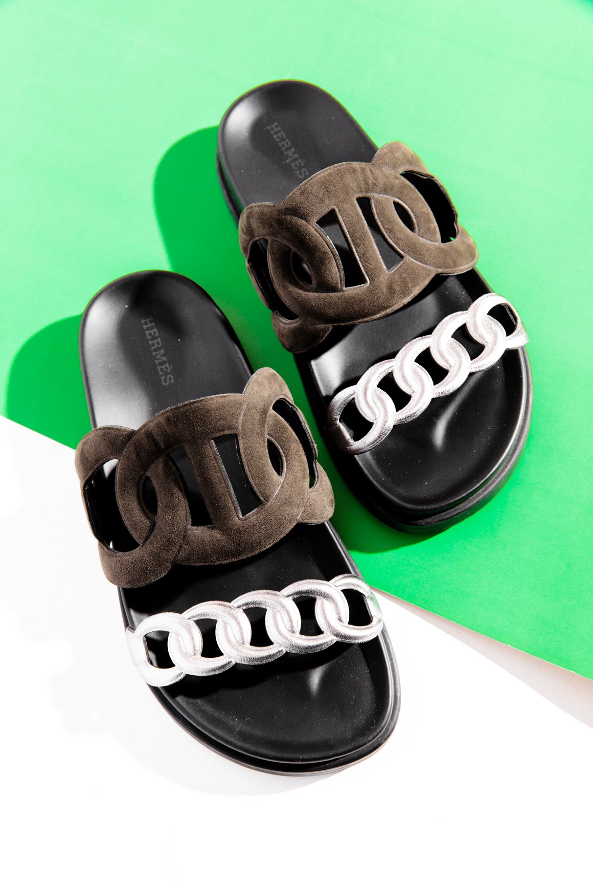 HERMES Olive & Silver Extra Sandals (Sz. 36)