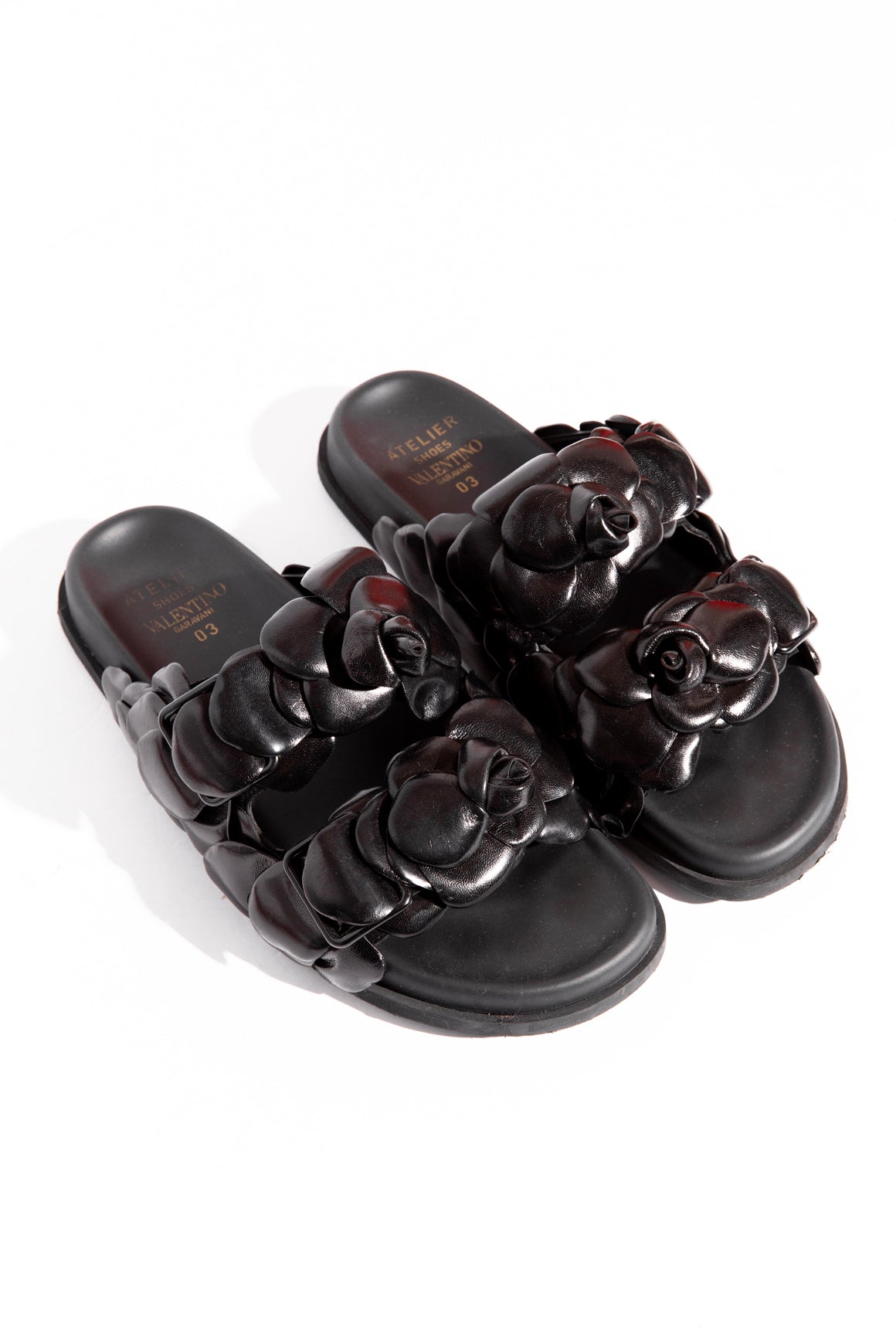 VALENTINO Black Floral Leather Applique Slide Sandals (Sz. 40)