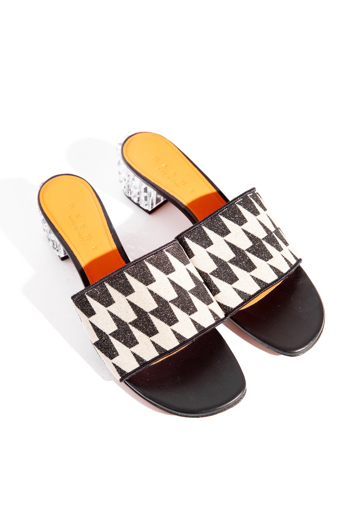 MARNI Black Leather Clear Crystal Heel Knit Strap Mules (Sz. 40)