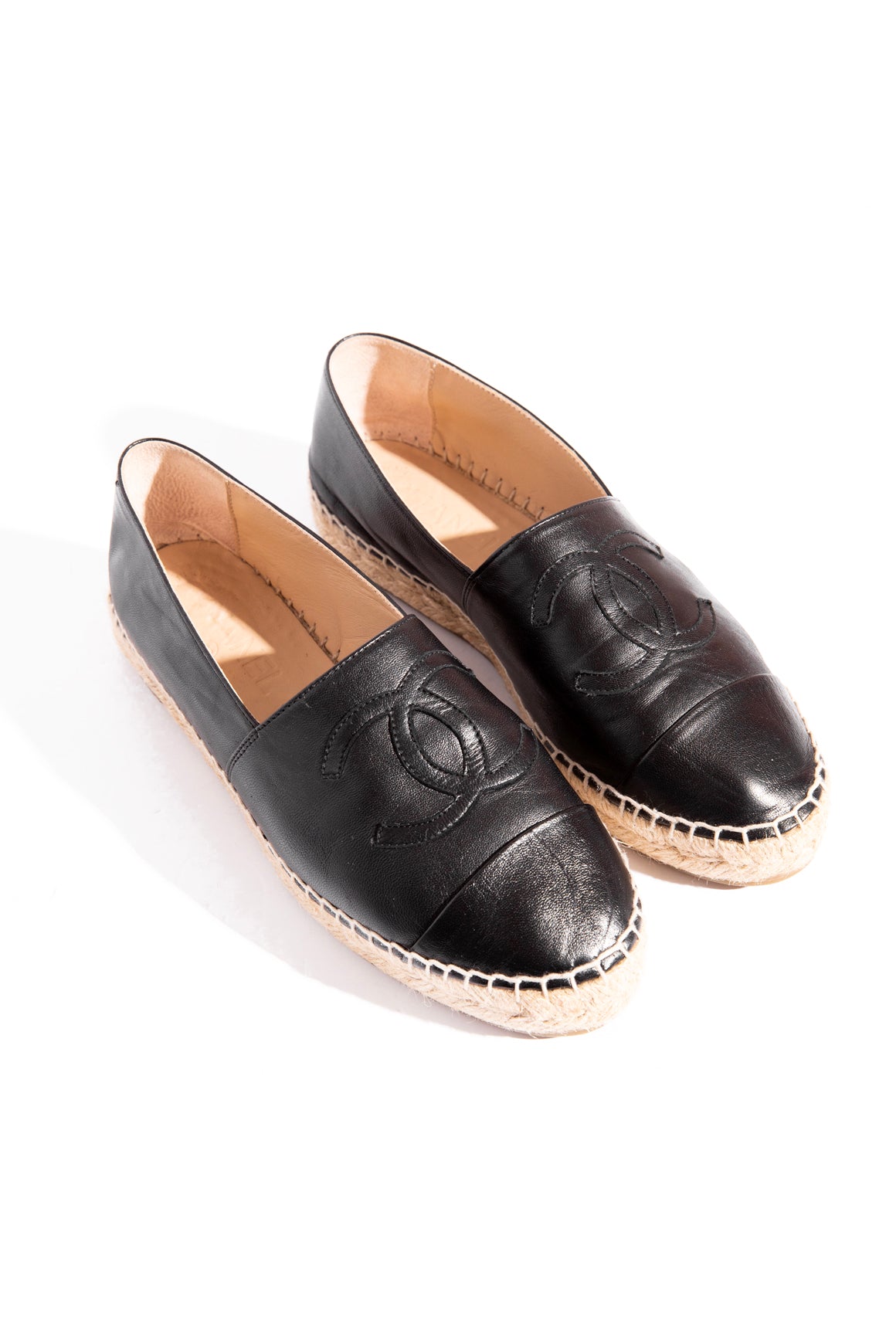 CHANEL Black Calfskin CC Espadrille Loafers (Sz. 36)