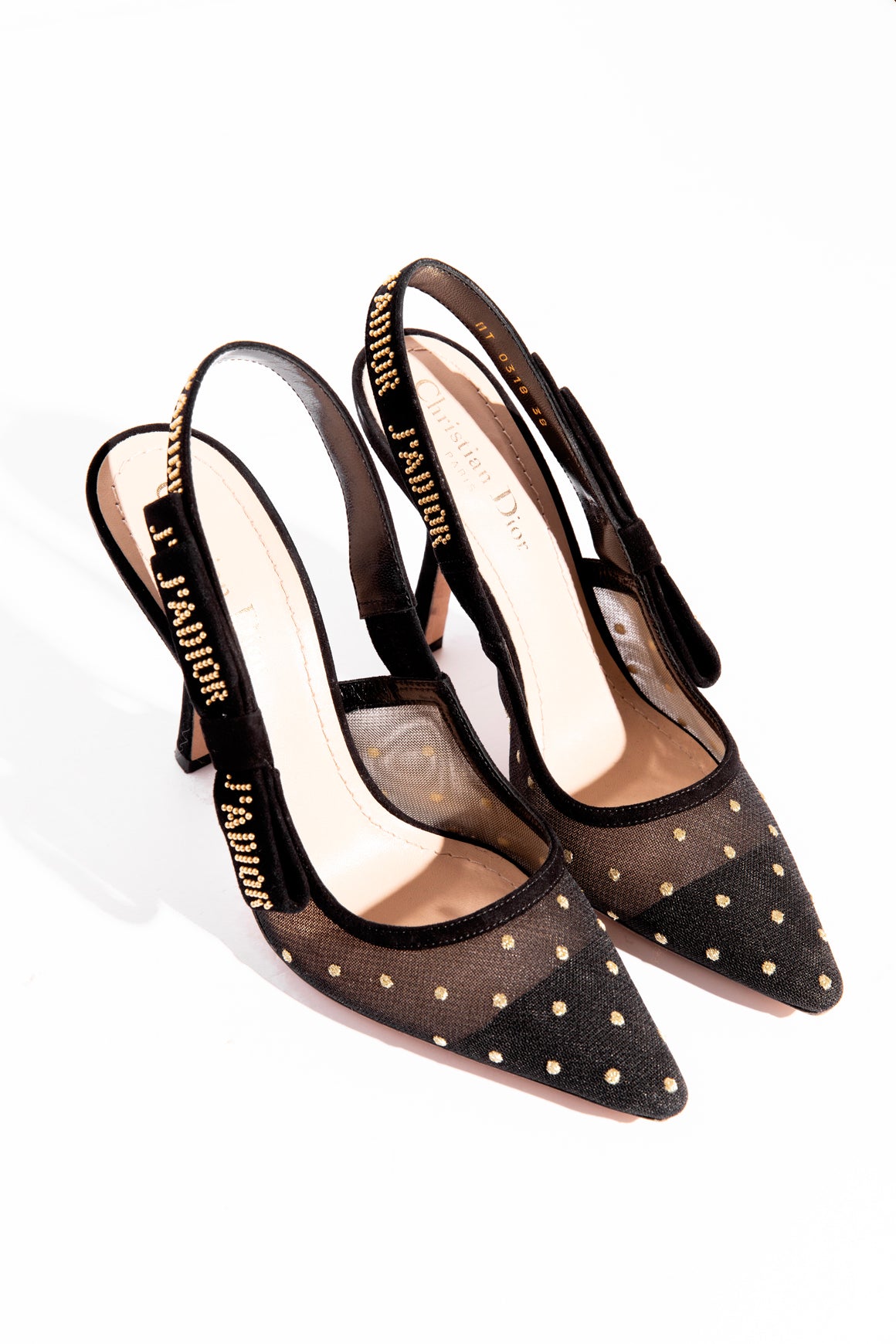 CHRISTIAN DIOR J'ADIOR Black & Gold Dot Sling Back Pumps (Sz. 38)