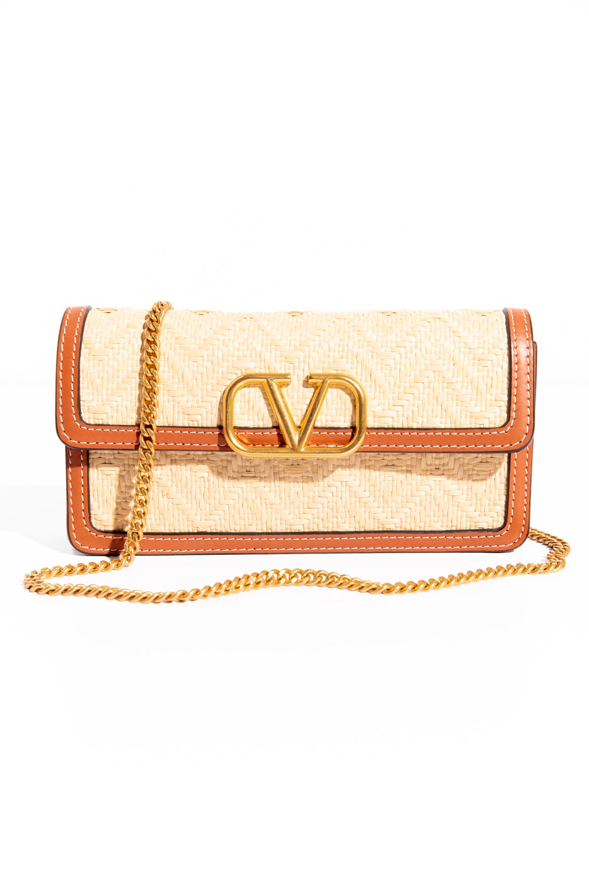 VALENTINO Tan Leather & Raffia Wallet On Chain