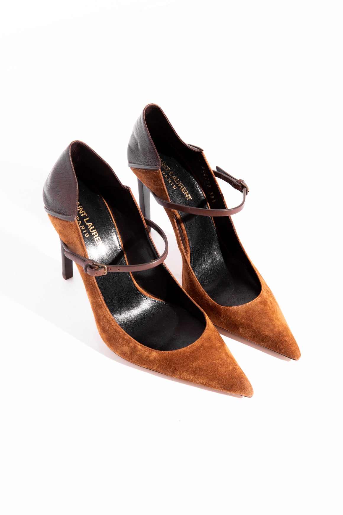 SAINT LAURENT Brown Suede & Leather Maryjane Pumps (Sz 38.5)
