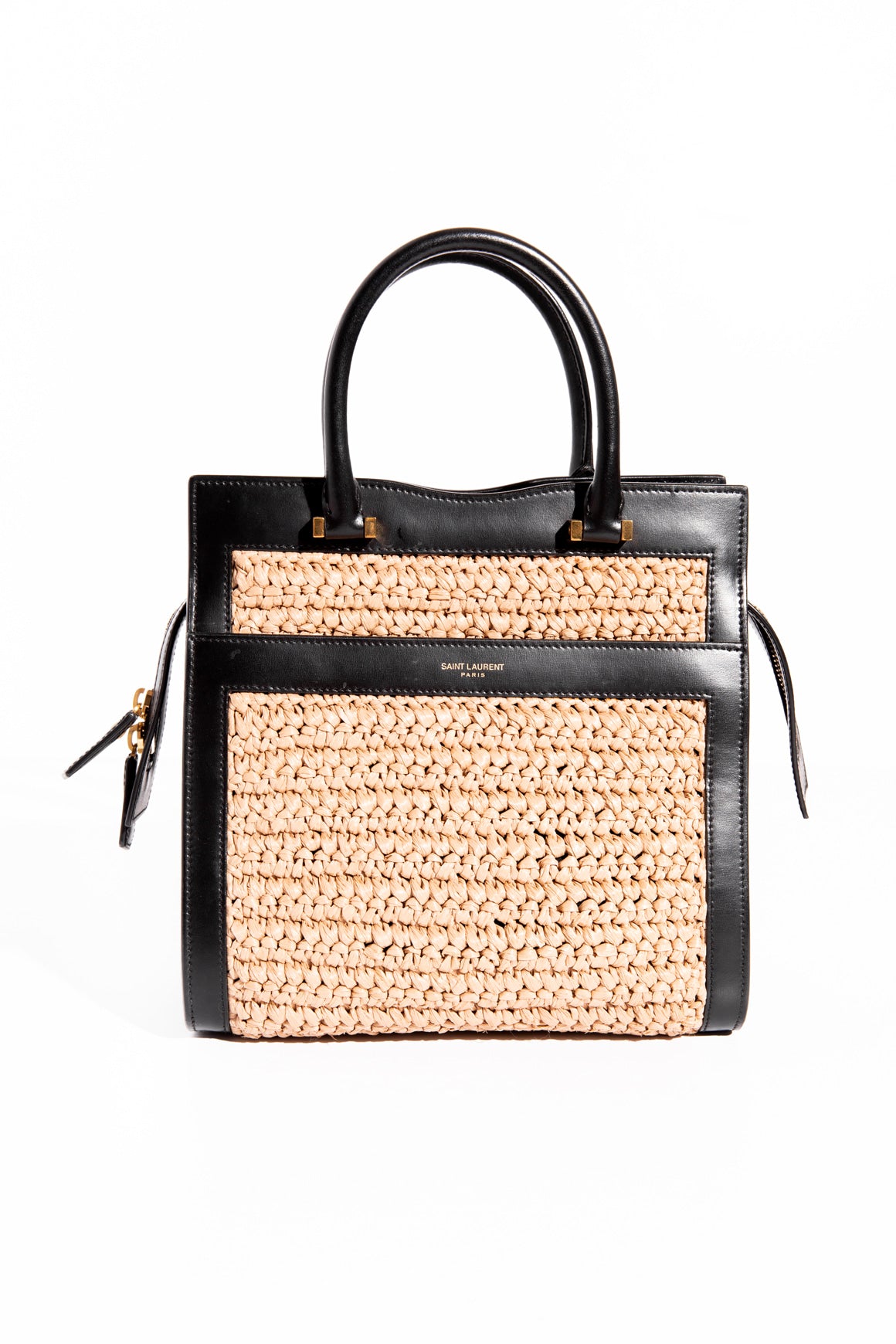 SAINT LAURENT Black Leather & Raffia Mini Tote