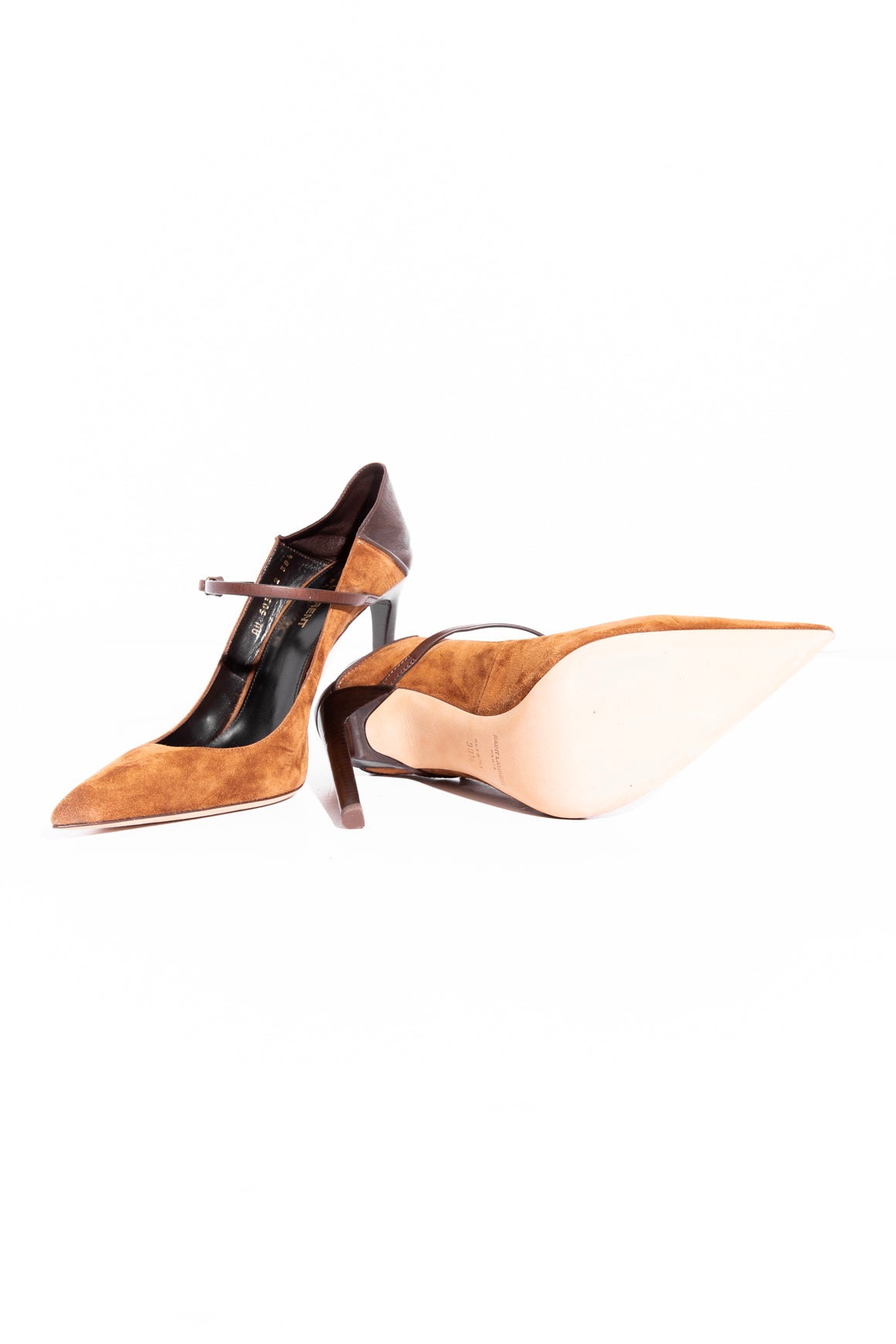SAINT LAURENT Brown Suede & Leather Maryjane Pumps (Sz 38.5)