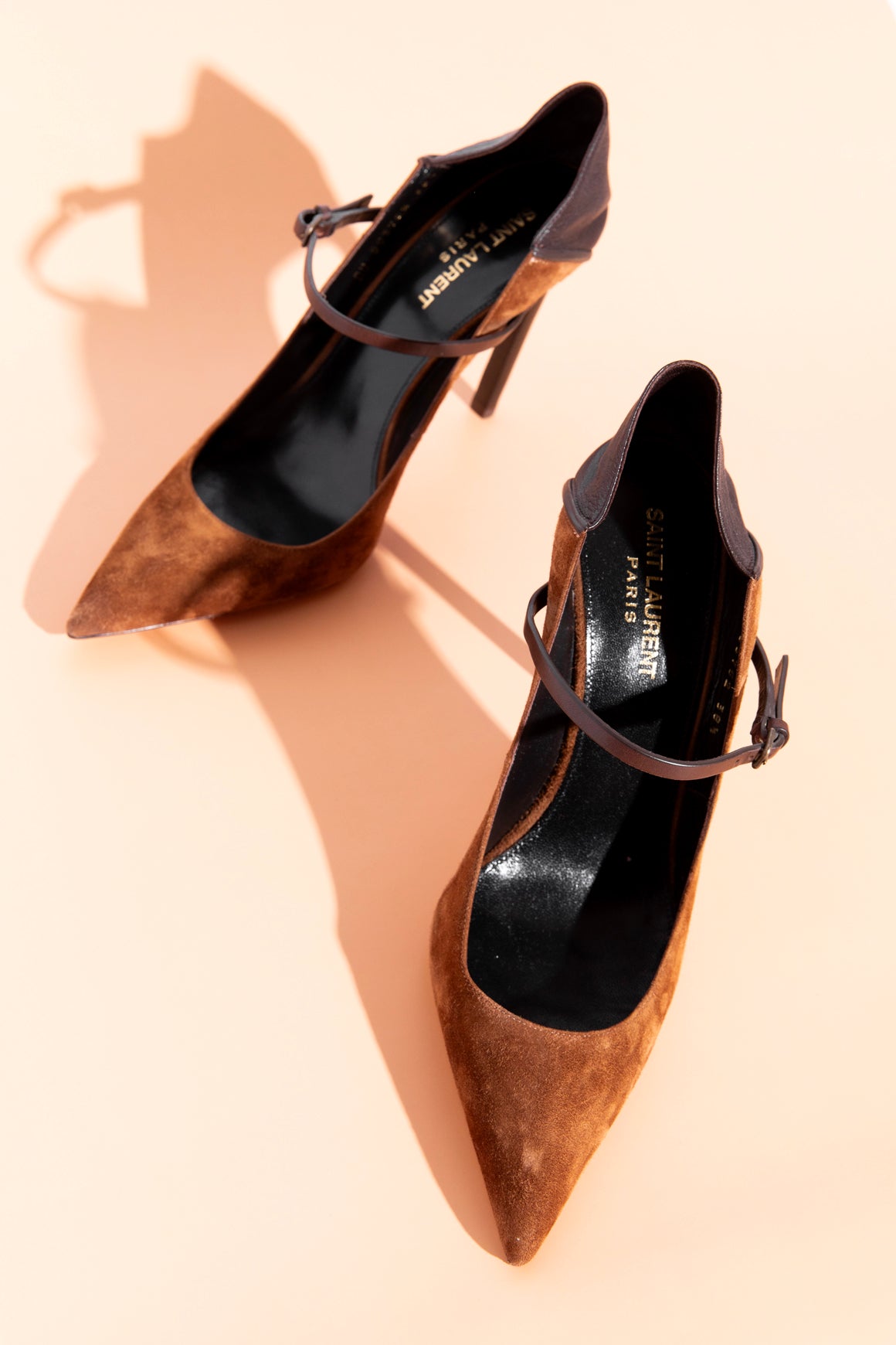 SAINT LAURENT Brown Suede & Leather Maryjane Pumps (Sz 38.5)