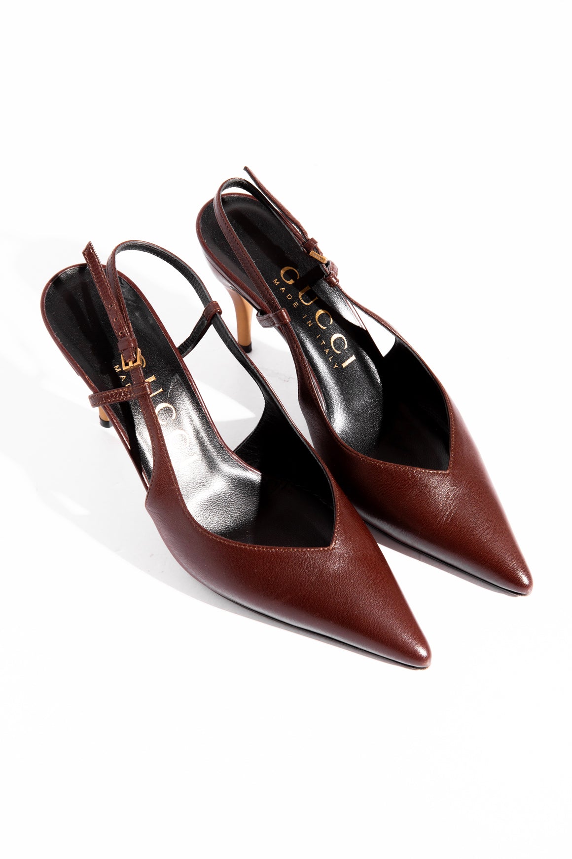 GUCCI Brown Pointed Slingback Gold Heels (Sz. 36)